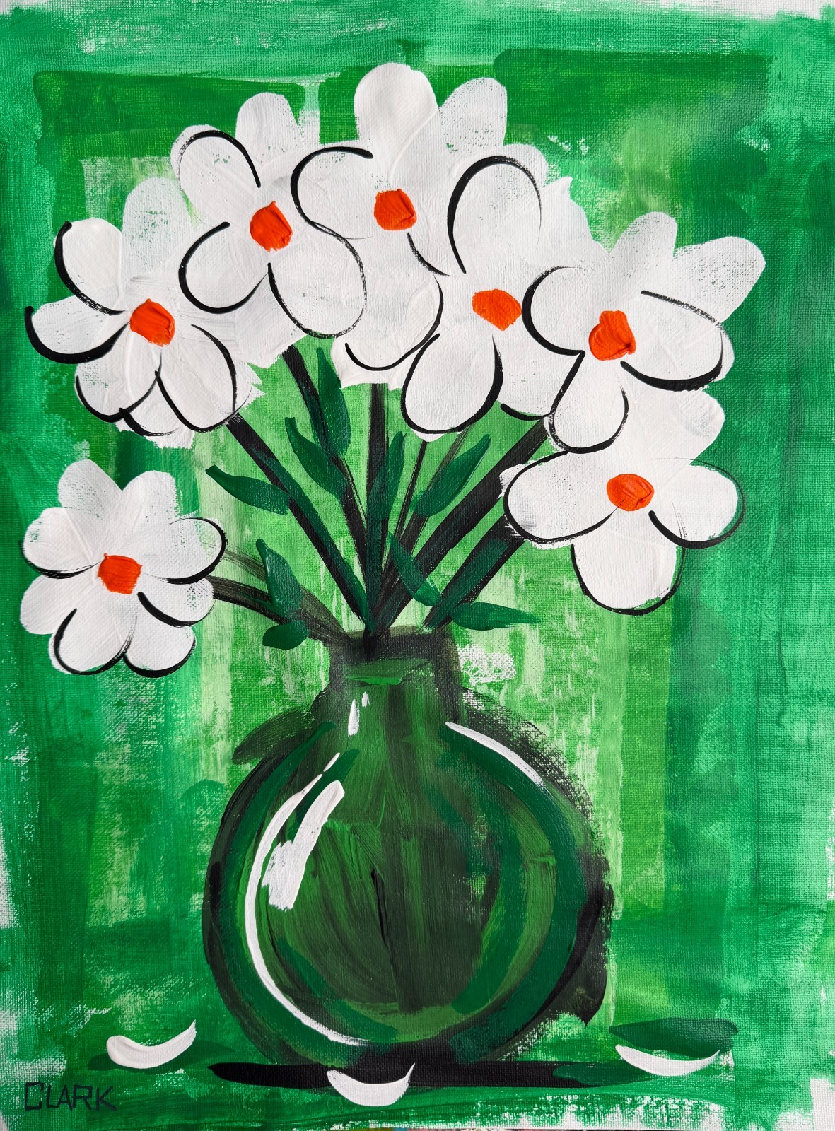 Original «White & Green Flowers – Set 2″ – Acrylic Painting 16×12» Canvas Paper