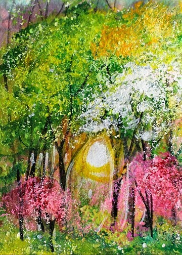 ACEO Original PAINTING Spring TREES Pink Flowers Sun Nature Landscape ATC ART