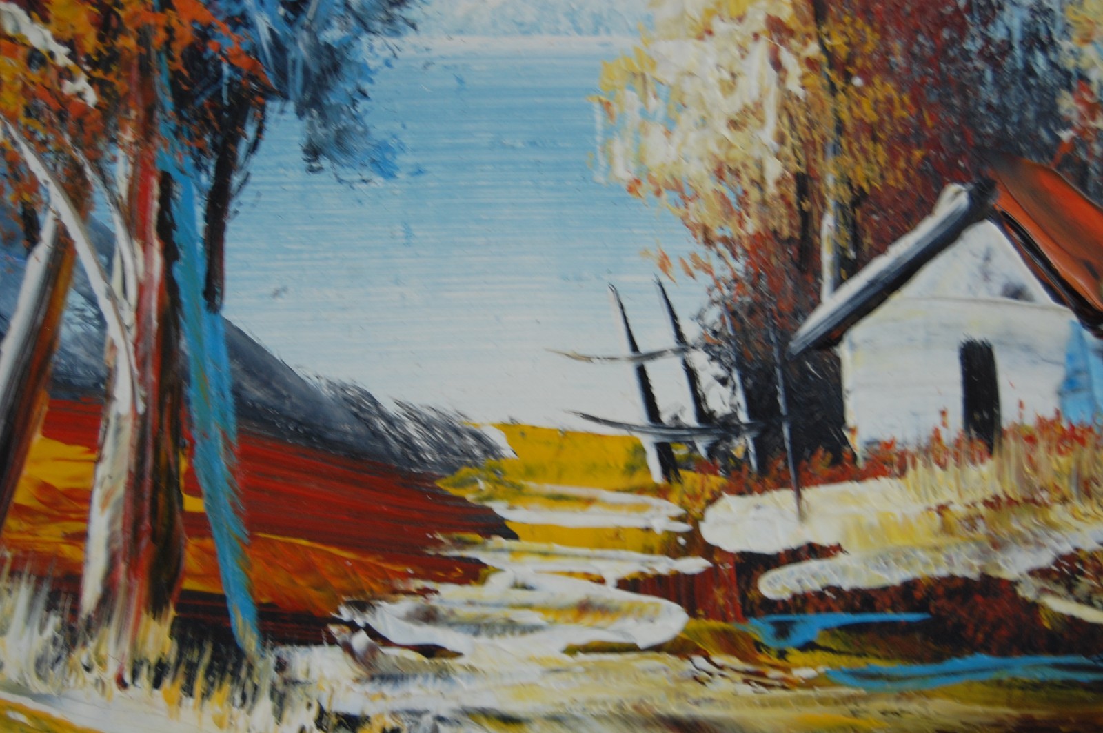 Vtg 70s Framed Original Forest Cabin, Lake Landscape Scene Mini Oil Painting 7X5