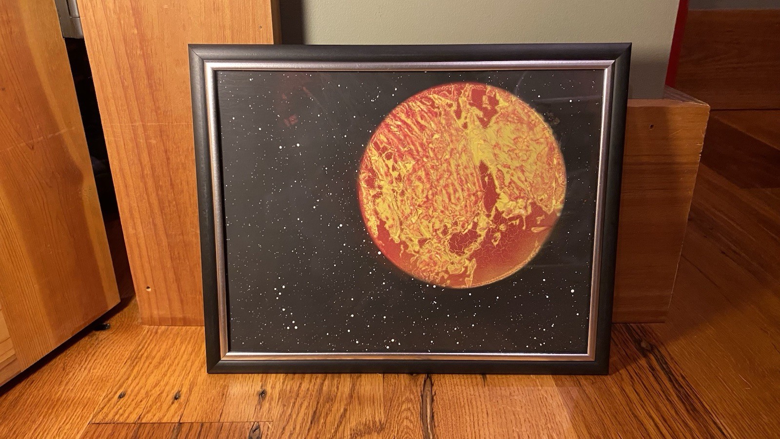 Red And Yellow Spray Paint Art Planet Handmade With New Frame 8.5×11