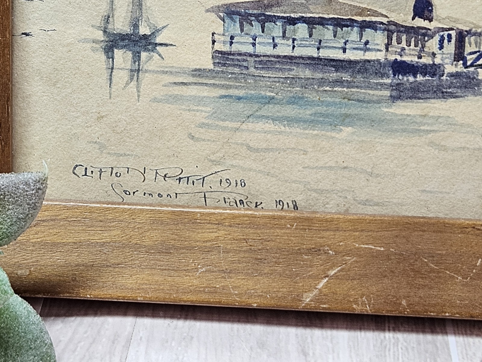 Signed 1918 Harbor Scene Watercolor Ink Wash Framed Artwork Vintage Nautical…