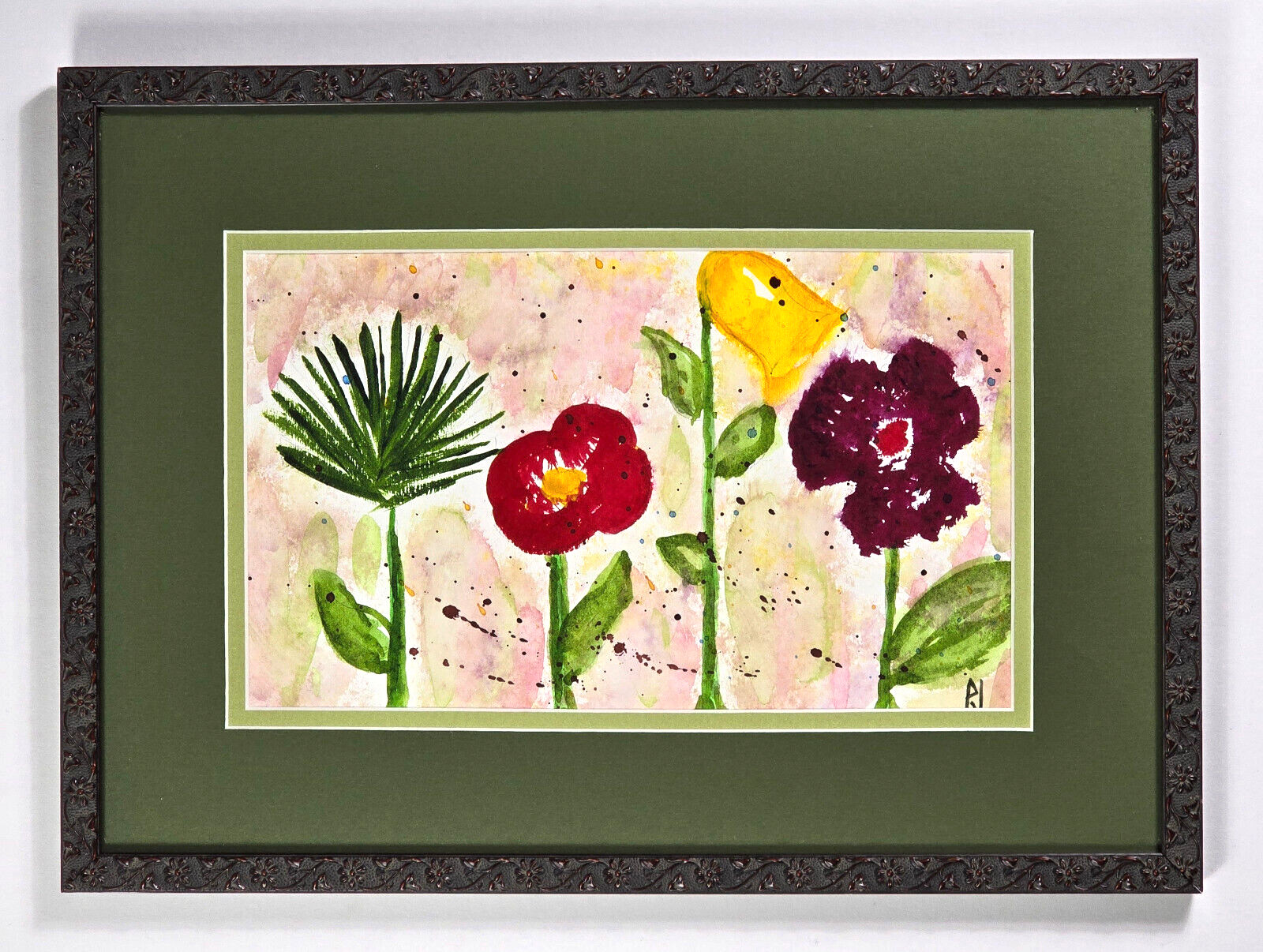Matted & Framed Original Floral Watercolor, «Garden Flowers», by PJ, Yellow, Red