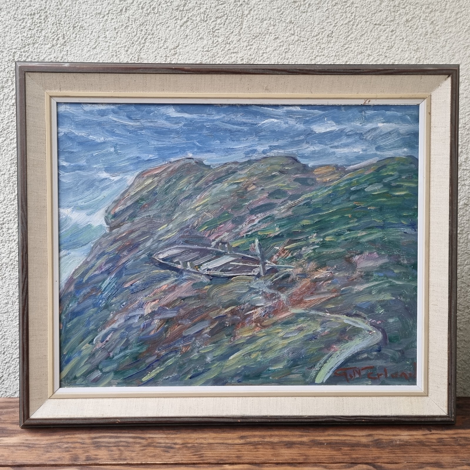 Gunnar Nerlund, Boat, coastal landscape, Oil on cardboard, Vätterstranden ,60s