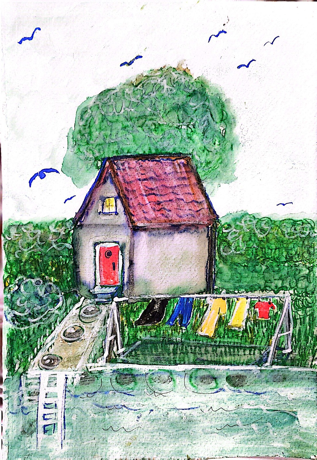 Laundry On The Line Contemporary Expressionist Original 7×10 Watercolor Painting