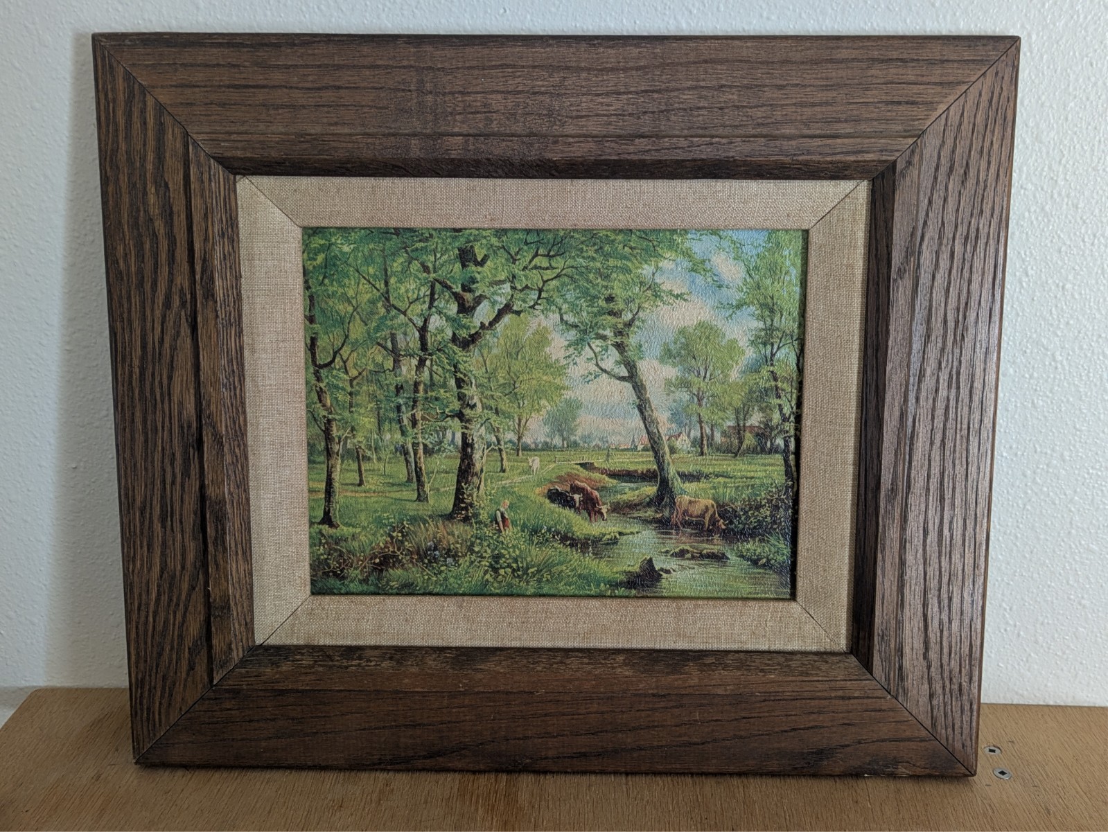 Vintage Pastoral Cow Landscape Framed Print – Cows in Stream – Wood Frame