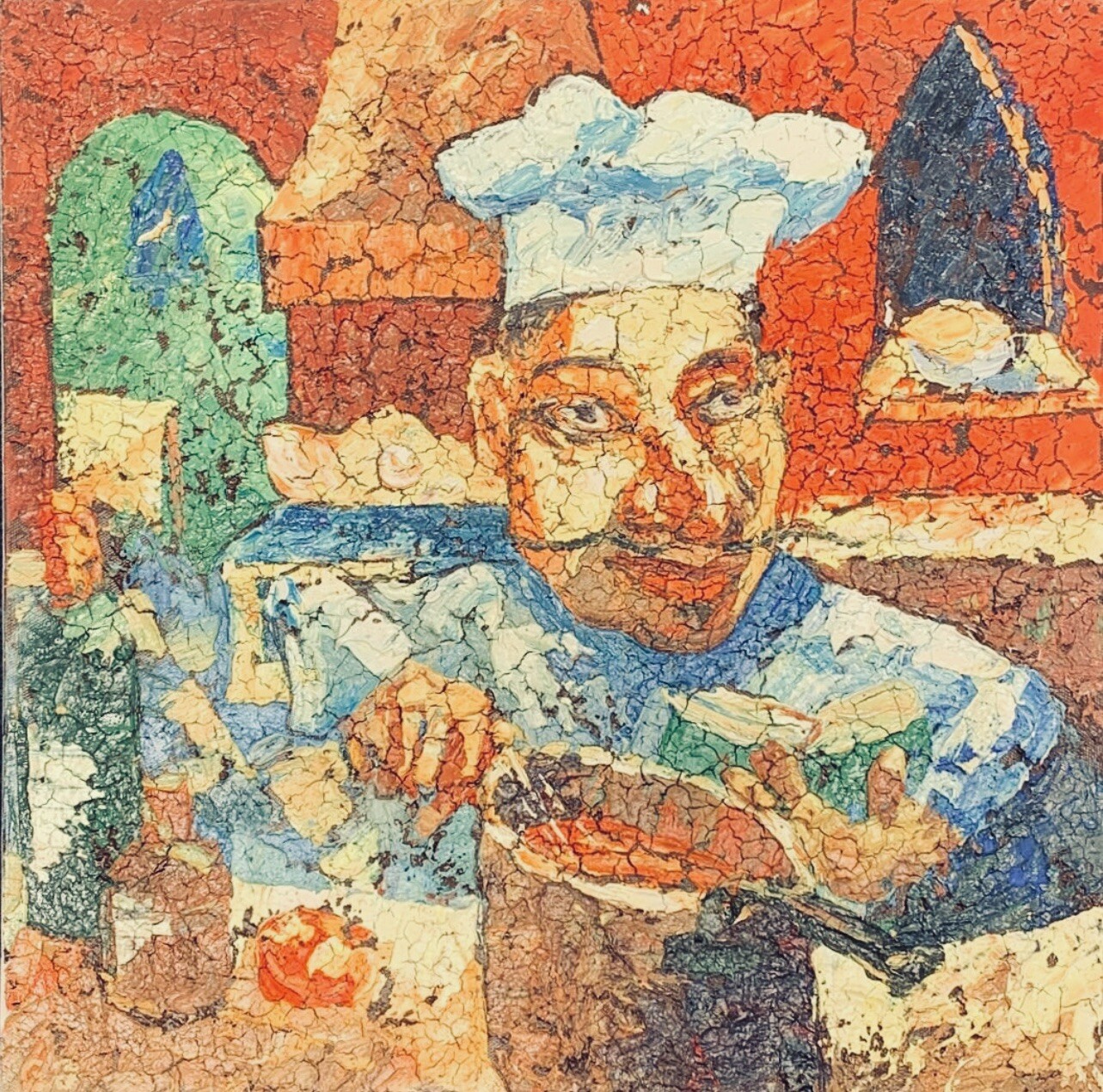 Original Artwork of Chef painting Mixed media Colorful Smile Happy Perfect Gift