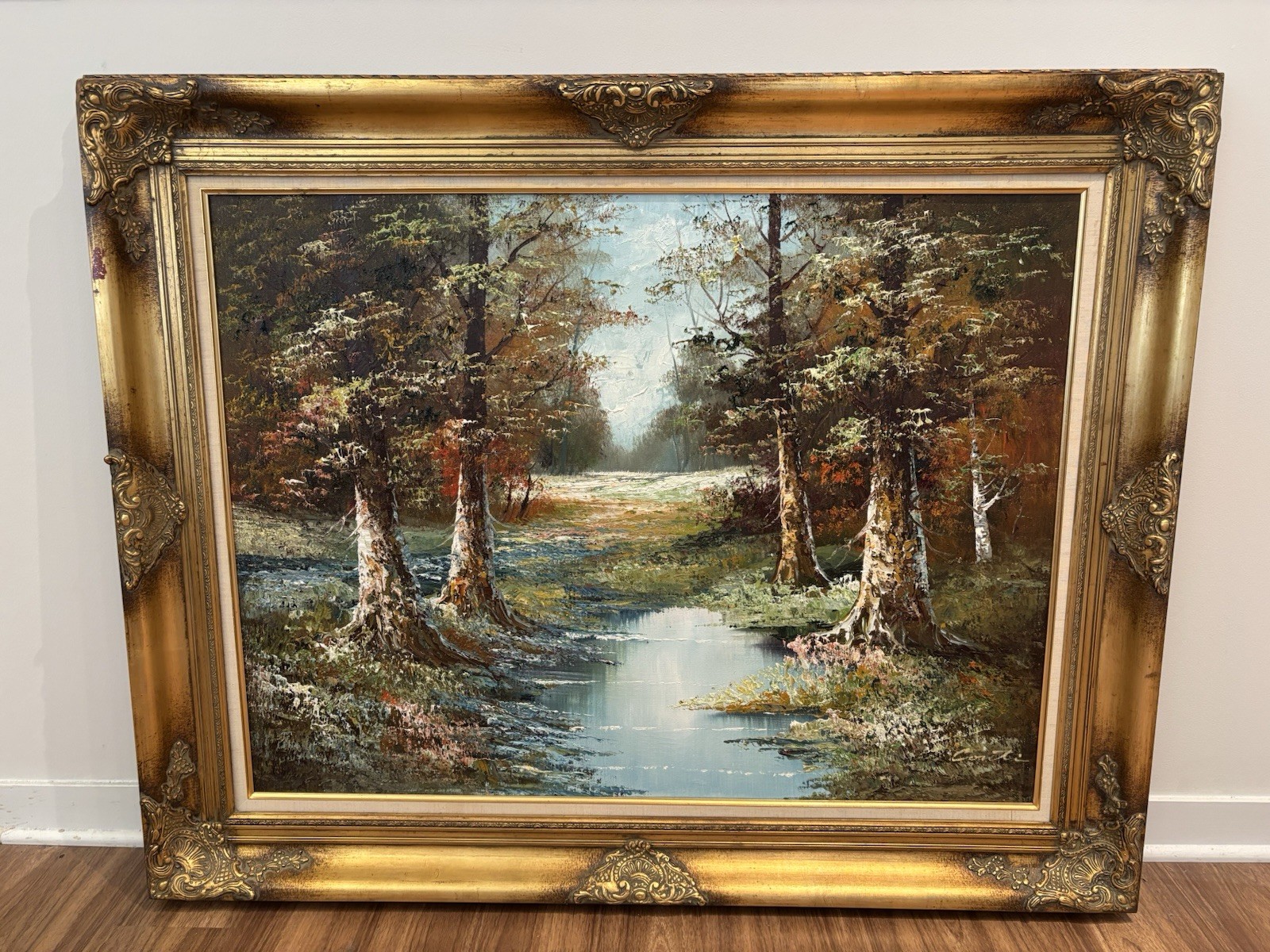 Large Original Oil Painting 50×40 Signed Impasto Landscape Framed Vintage