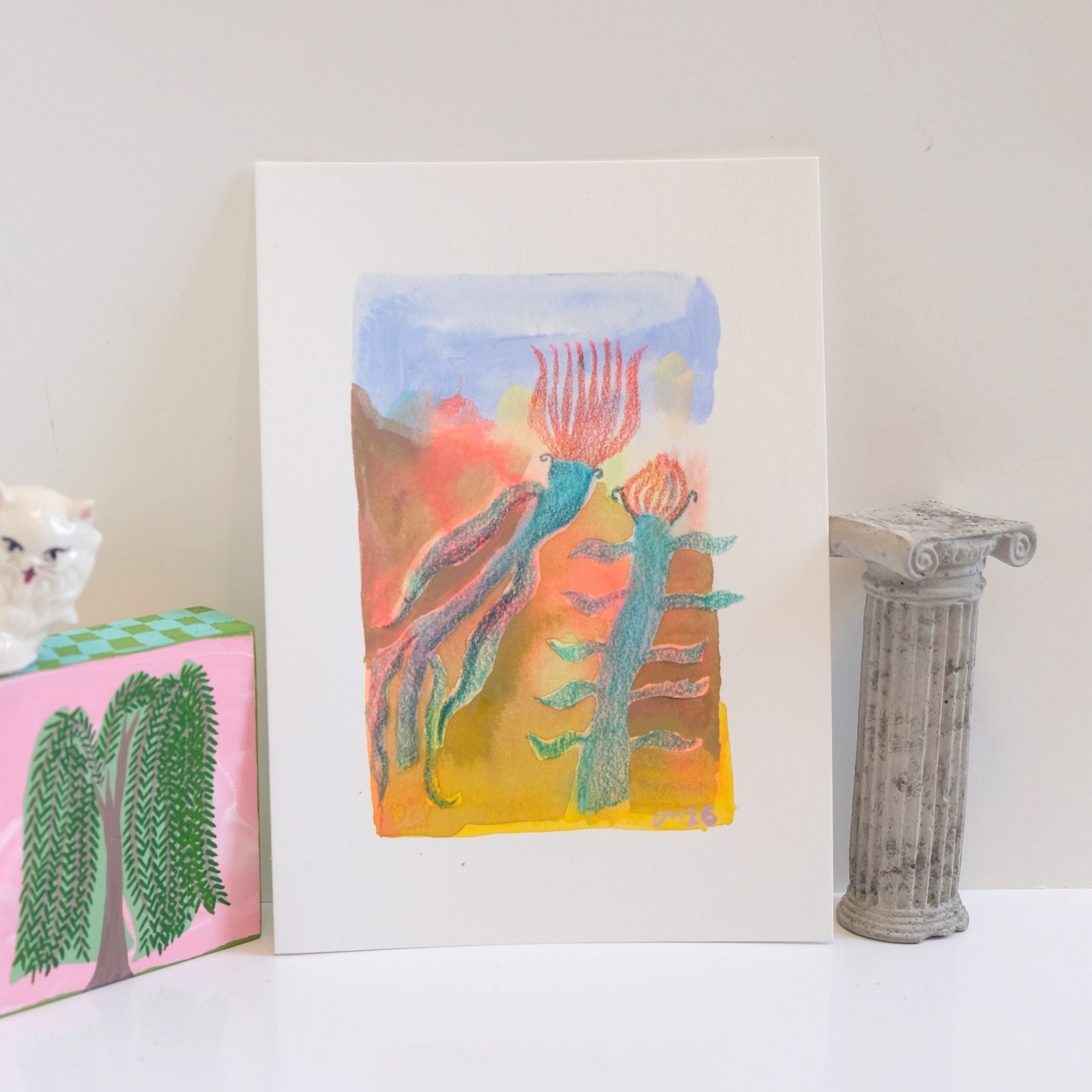 Desert Flowers Gouache Floral Southwestern Landscape Painting Cotton Paper 5×7″