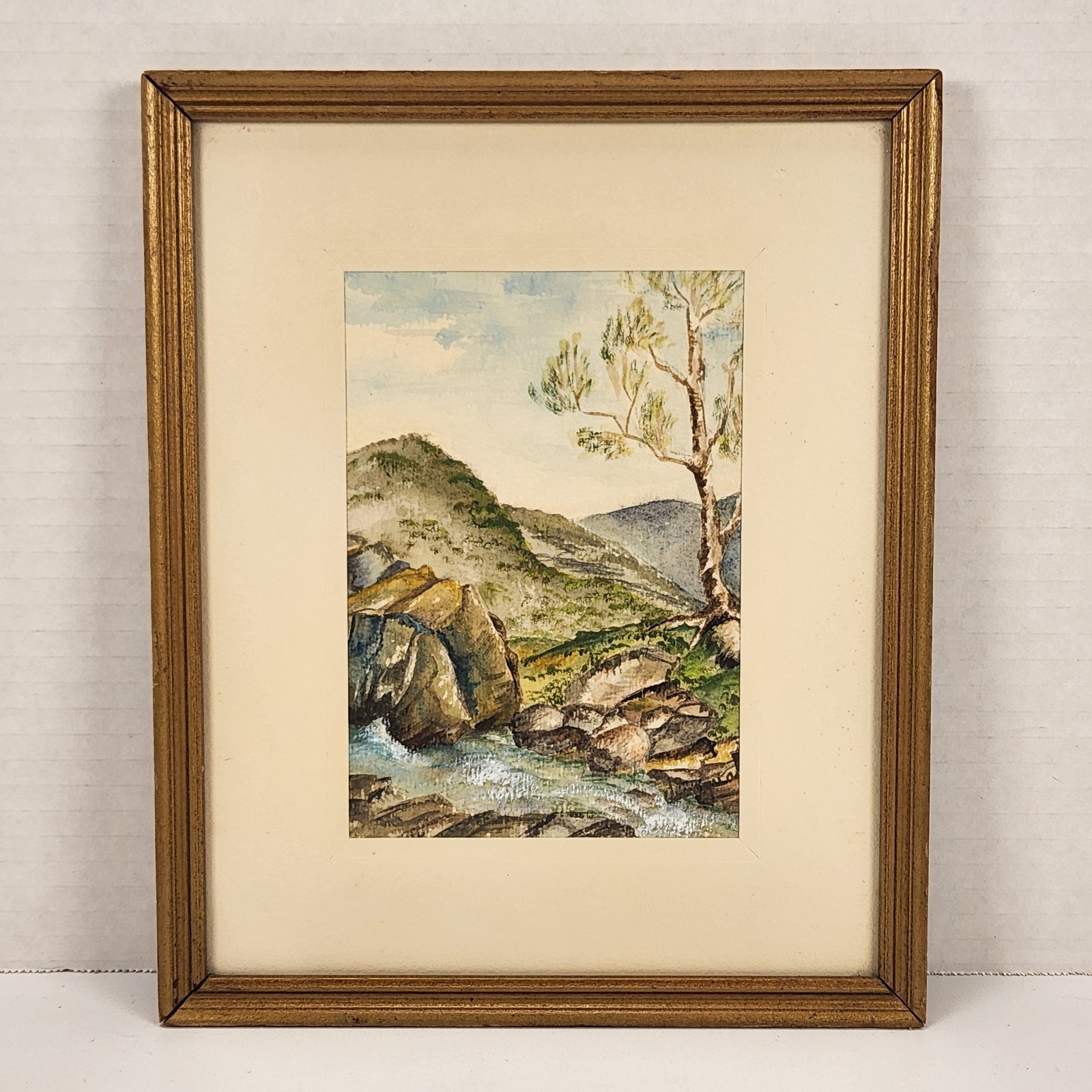 VTG Watercolor Art Landscape Rocky Riverbank Mountains Tree Nature Cottage 11″