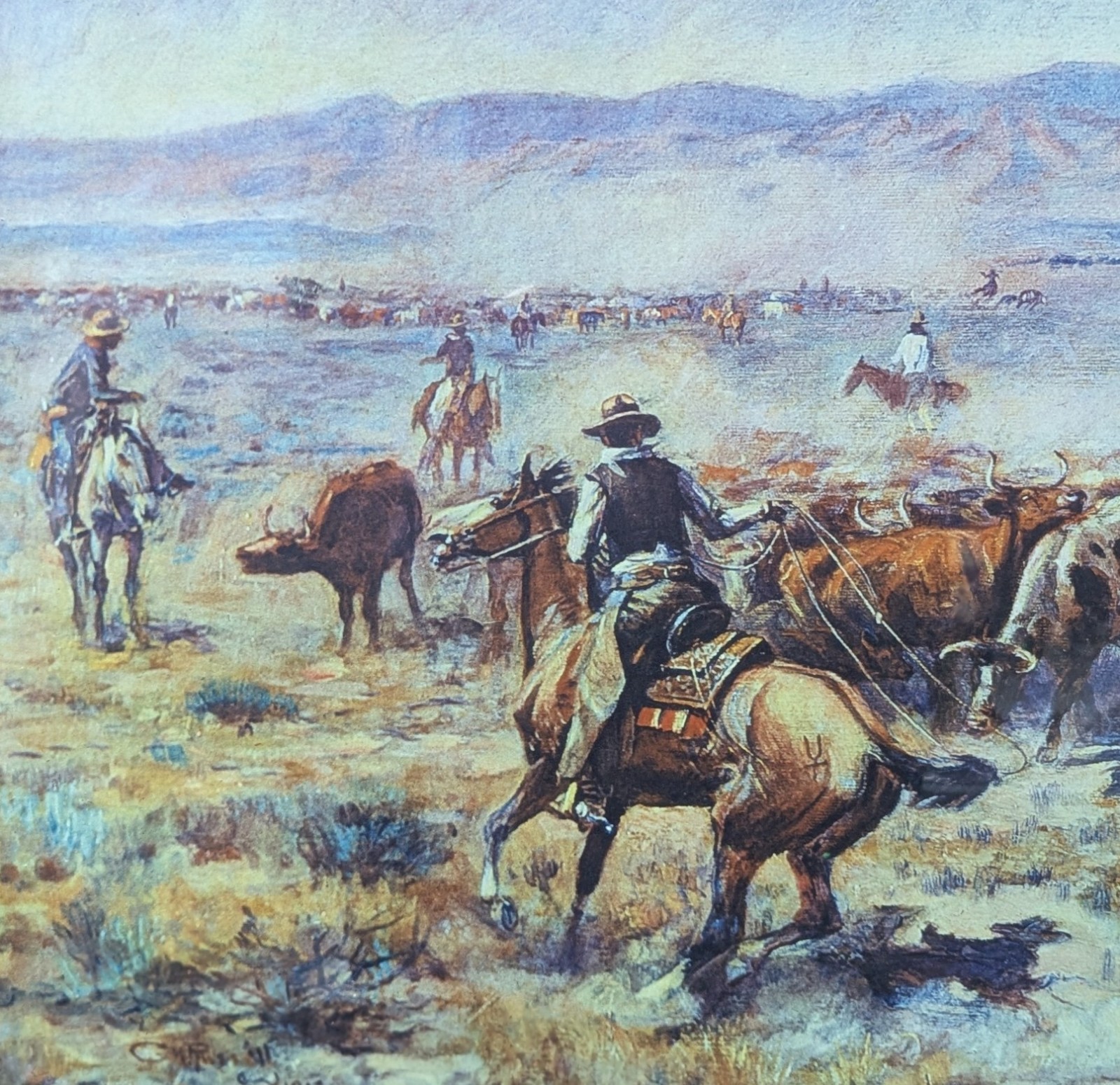 Charles Marion Russell Roundup Giclee Ptint 22.5″x39.5″ Framed & Matted Glass
