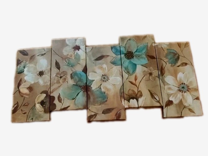 5 Panel Canvas Wall Art Teal/Beige Flowers With Gold Embossing