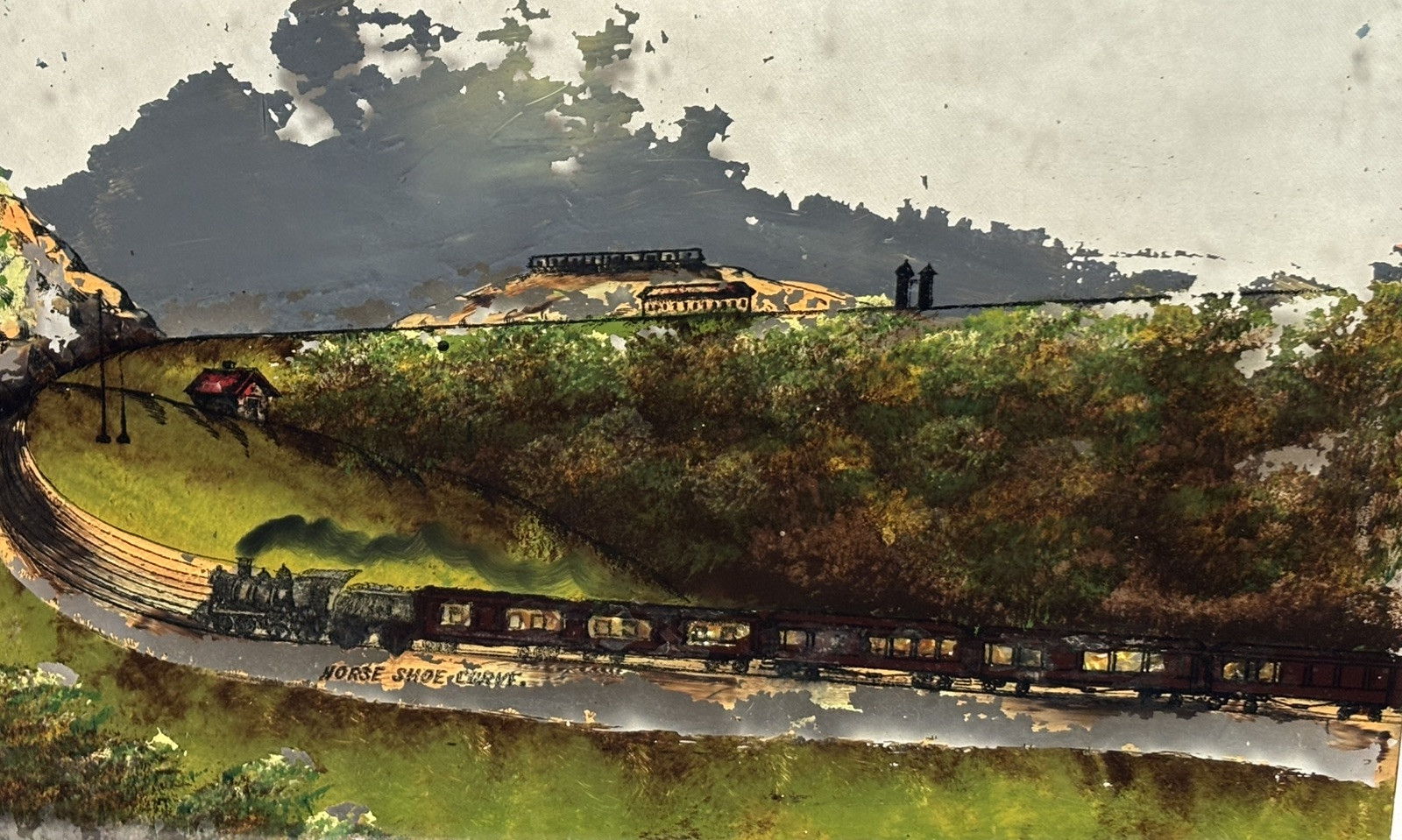 Antique Original Horseshoe Curve RR Reverse Glass Painting PA