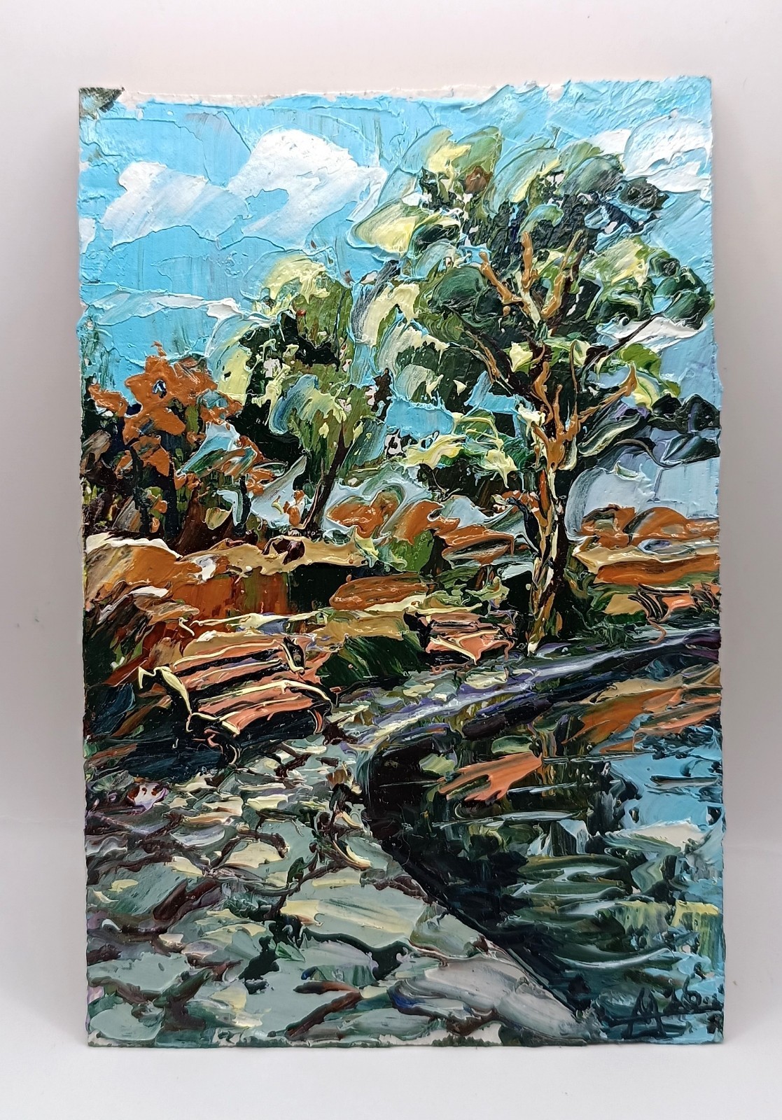 Park Landscape Small Textured Painting Original Lake Art Framed Wall Gift 4*6