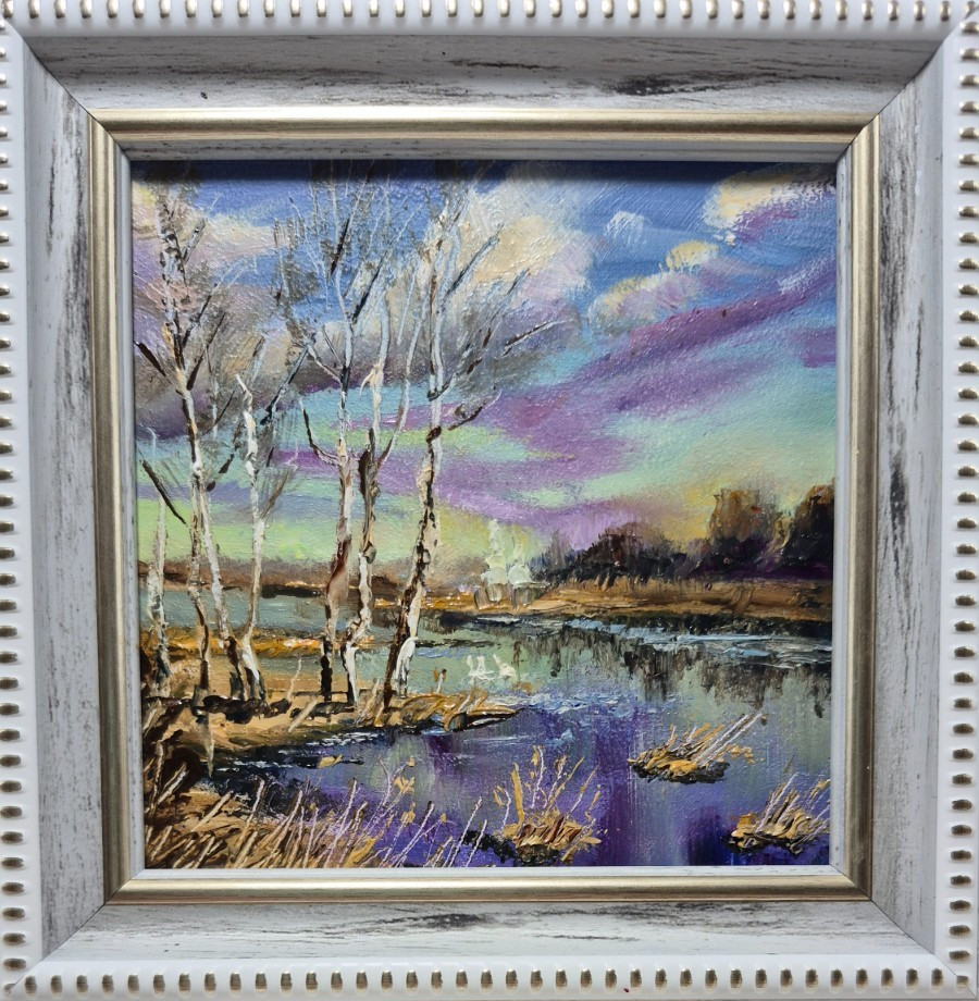 Spring forest, river, original oil painting in a frame. Landscape. 4×4 inches.