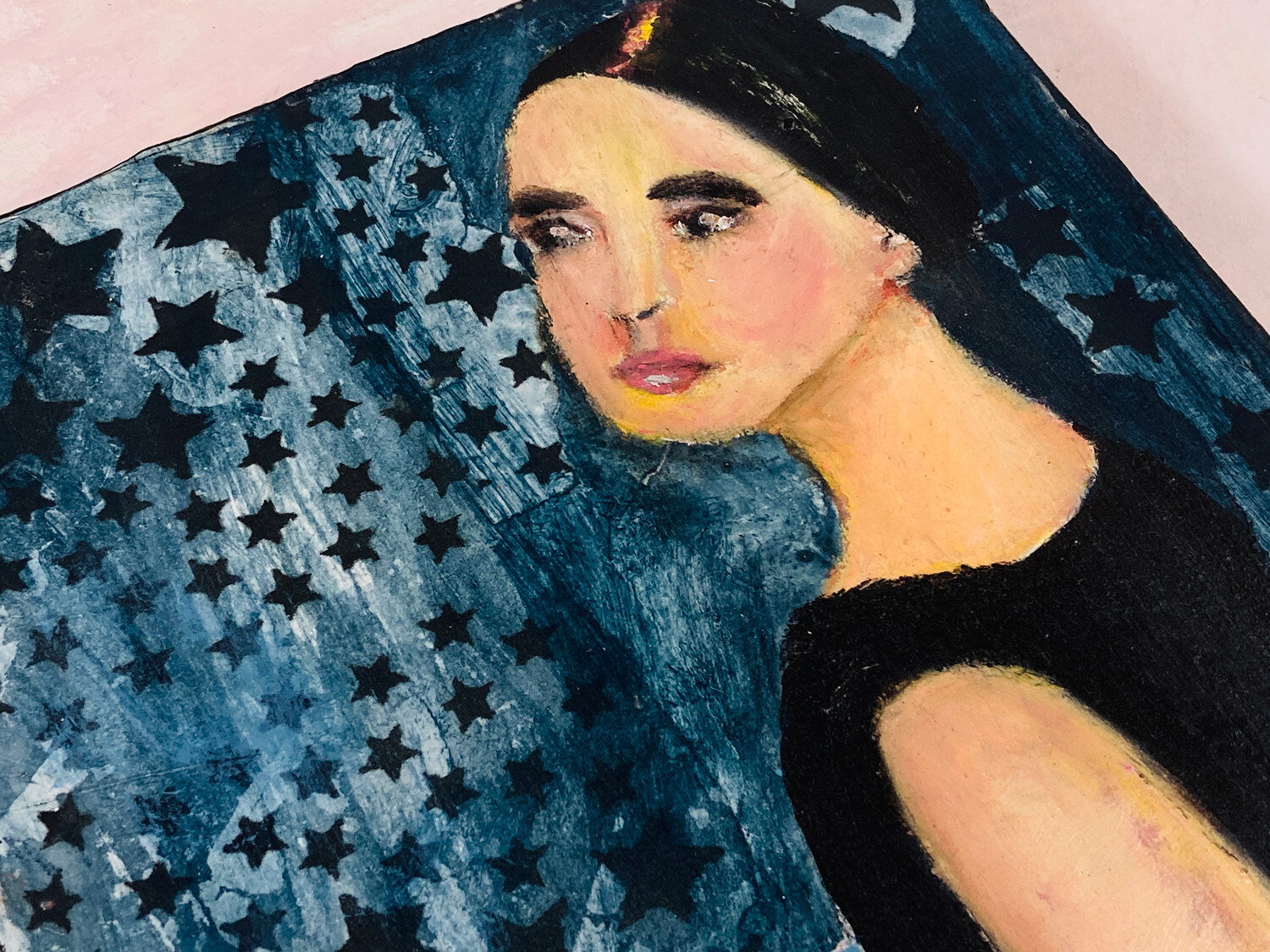 Original Acrylic Collage Blue Figure Painting Woman Gift Bird Stars Canvas Art