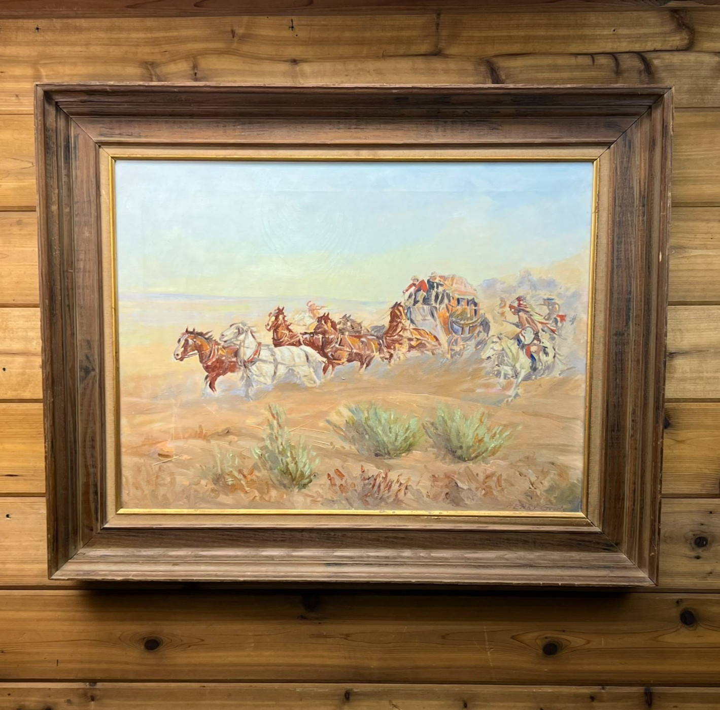Vintage Western Stagecoach Oil Painting COPY of Berninghaus Signed Goode READ