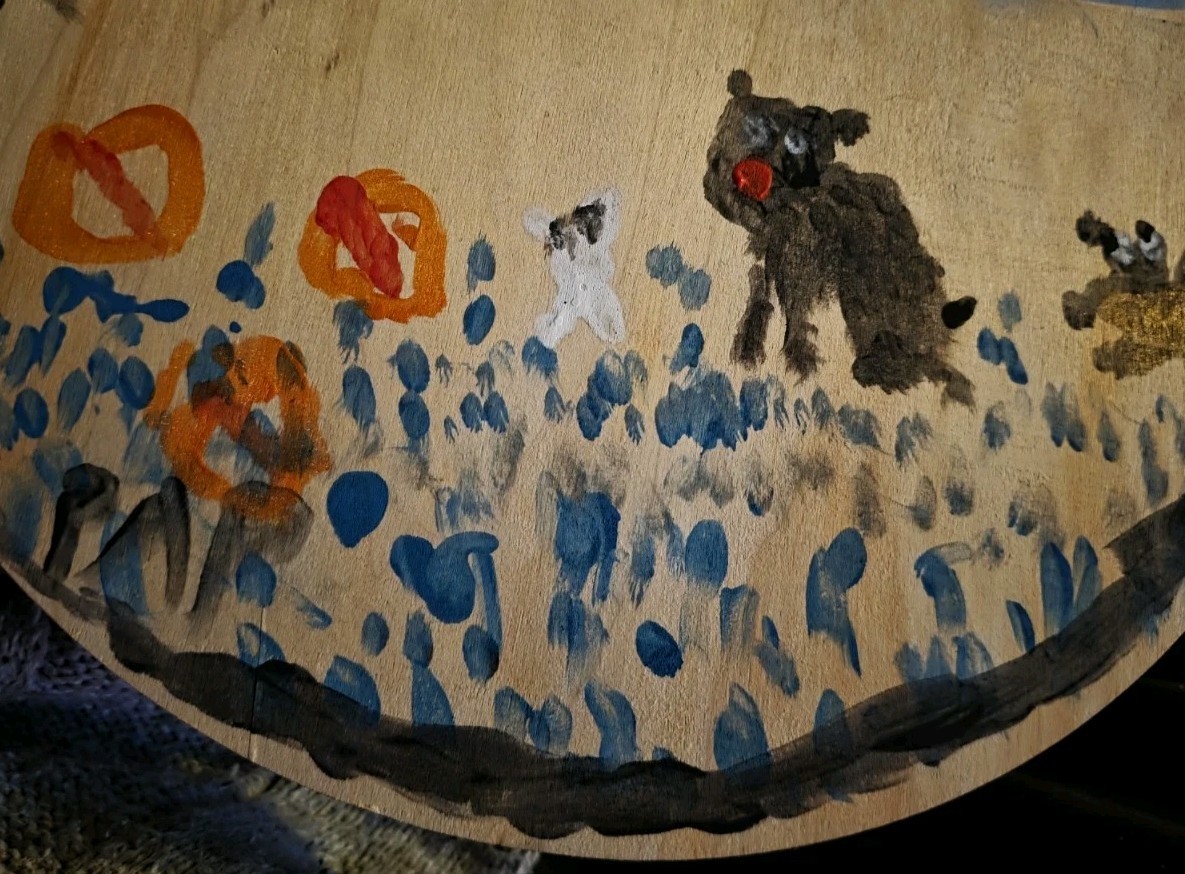 Original Water Color «WEEZY AT PLAY» 13″ ROund On Wood SIGNED