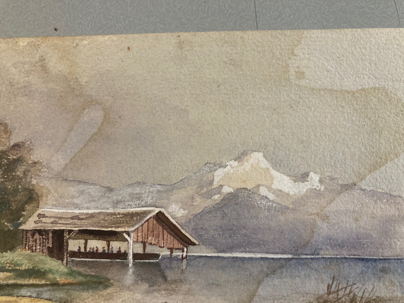 Very beautiful Gouache Original XIXth Art Watercolor Lake Mountain 1868 Antique