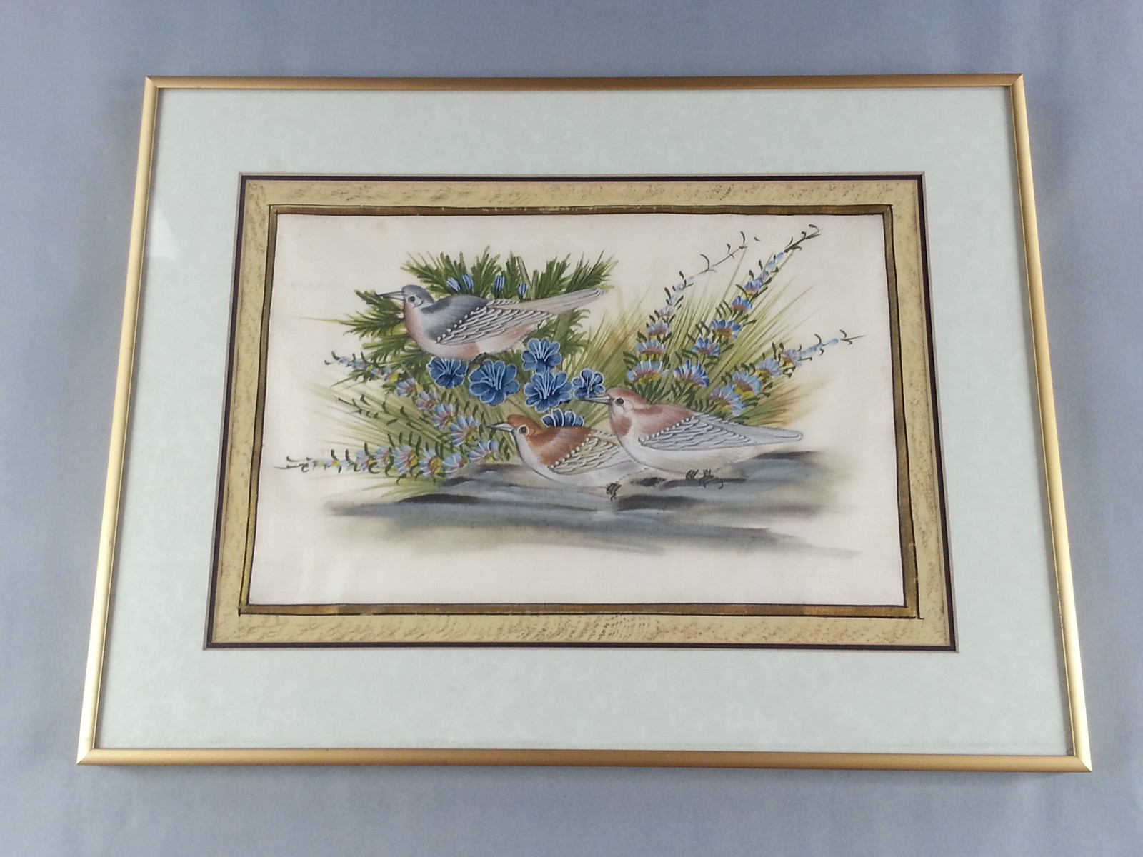 Vintage Painting Birds & Flowers Gold Frame Matted Art Cloth Silk