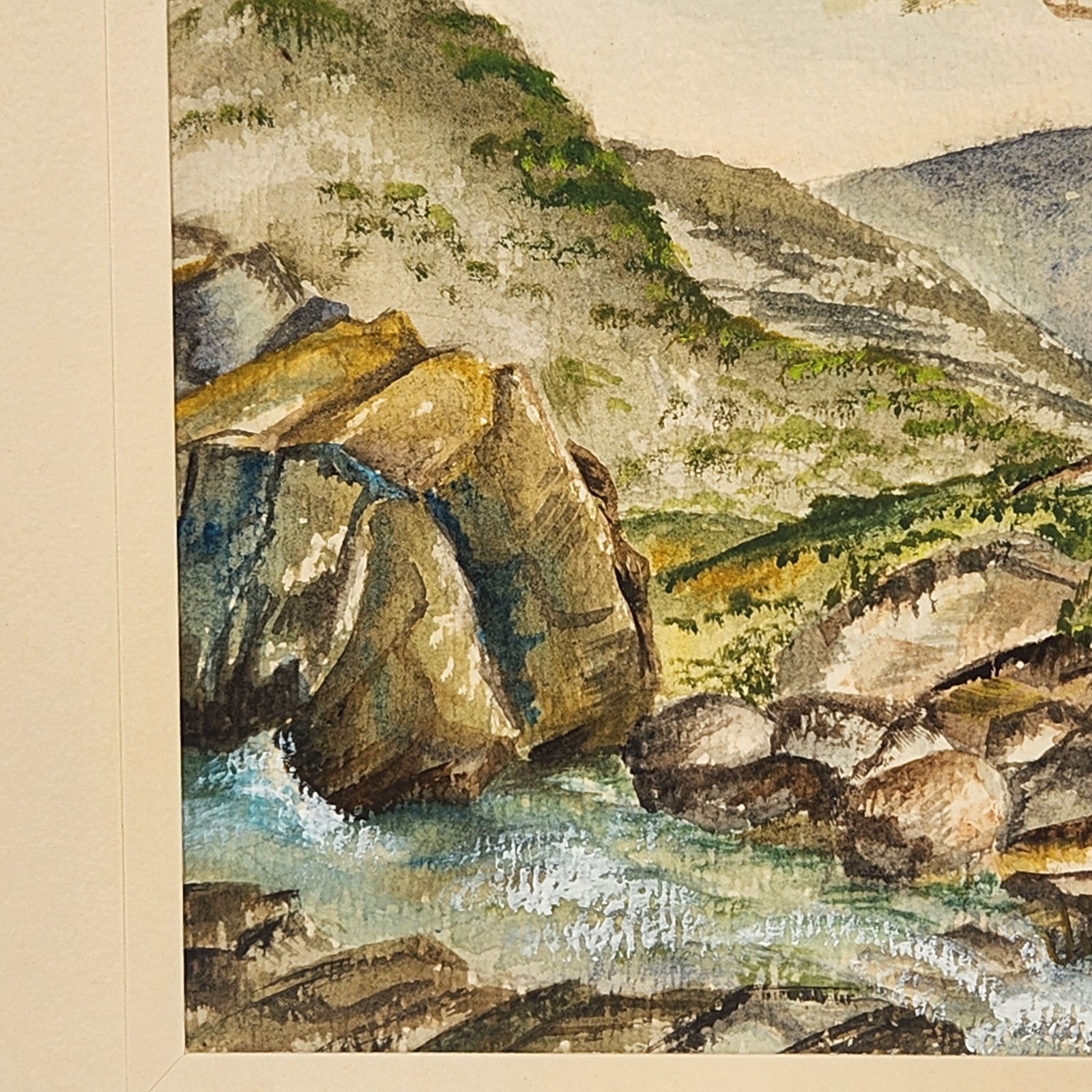 VTG Watercolor Art Landscape Rocky Riverbank Mountains Tree Nature Cottage 11″