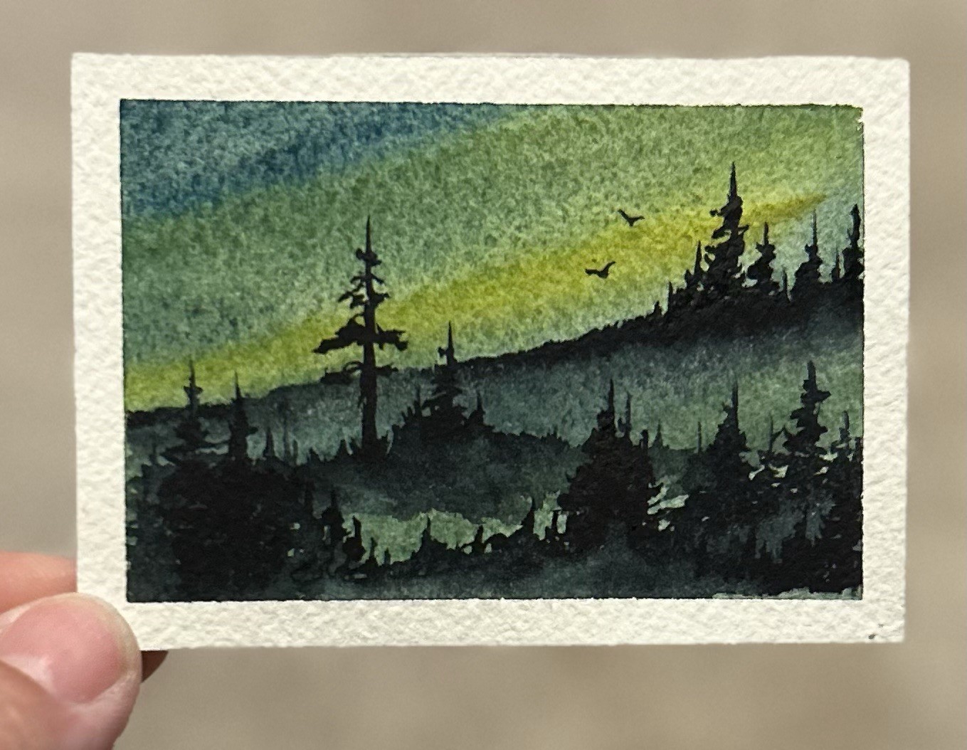 ACEO Watercolor Painting, Northern Lights 12, Landscape, Signed By Sasha Lehto
