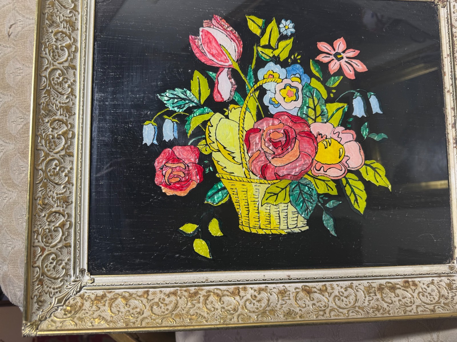 Large Antique Folk Art Tinsel Foil Reverse Artwork «Basket of Flowers» – Framed