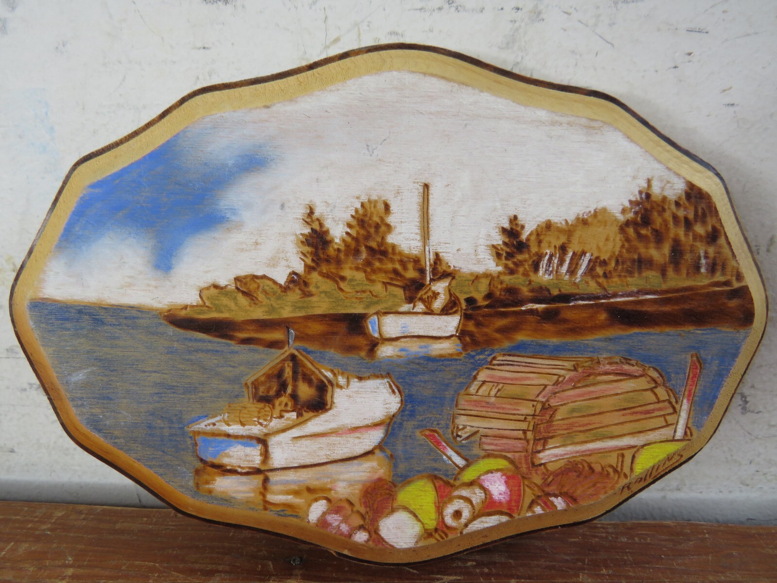 vtg Original Wood Burning painting Cargo Boats – 7.5″x5″x.75″ Leonard Rollins