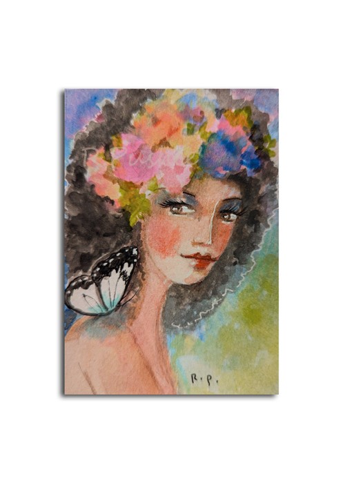 ACEO original art, Lady with Butterfly.. colorful mini painting