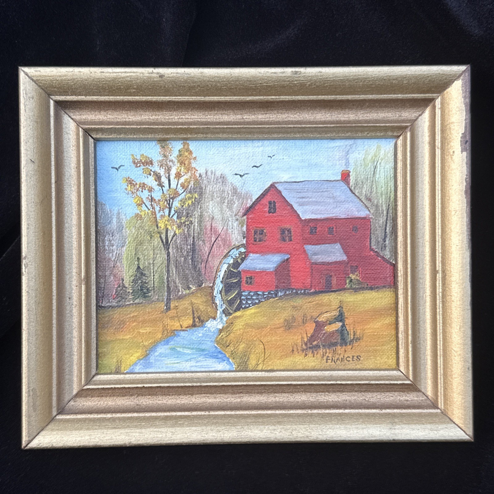 Vintage 1977 Original Painting Red Grist Mill Waterwheel Framed Folk Art Signed