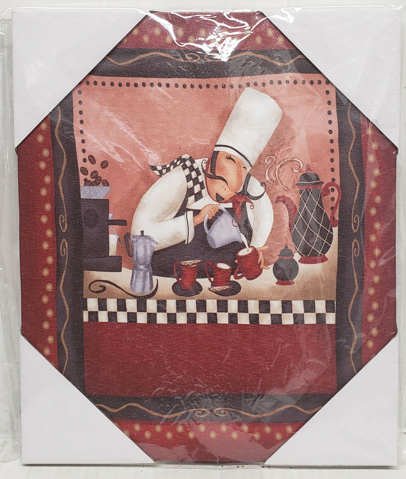 1 KITCHEN CANVAS WALL FRAME,approx. 10″x12″,FAT CHEF POURING MILK IN COFFEE CUPS