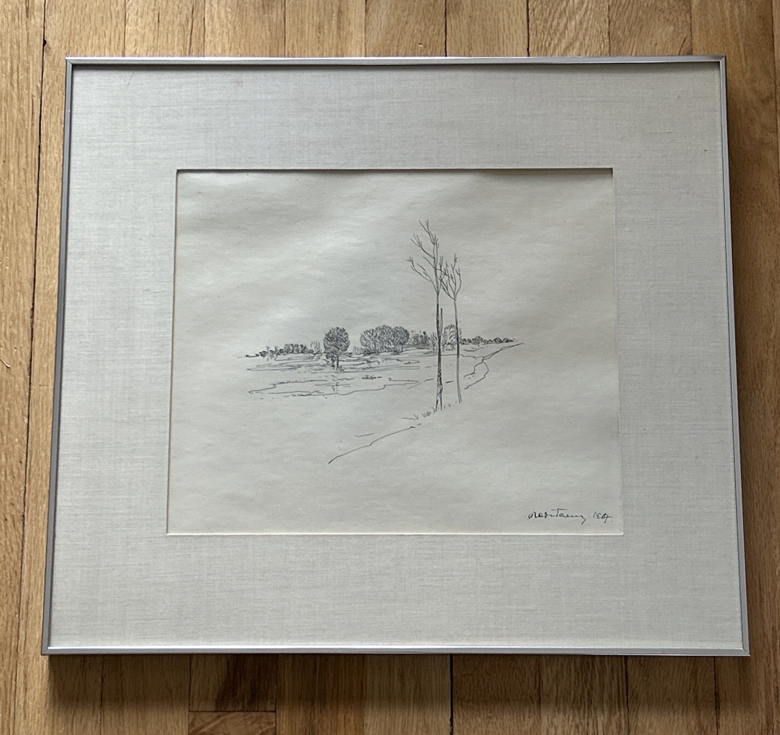 Vintage MCM Ink on Paper Illegibly Signed Hungarian Line Drawing Landscape
