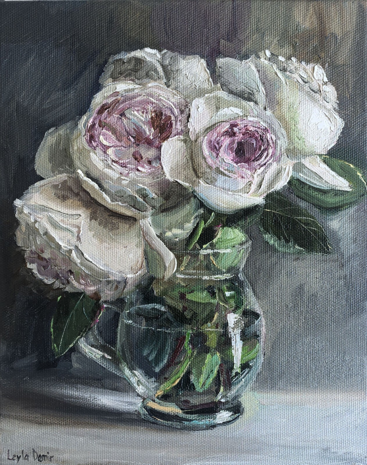 Pink roses bouquet in cobalt blue vase still life bright oil painting 10×12