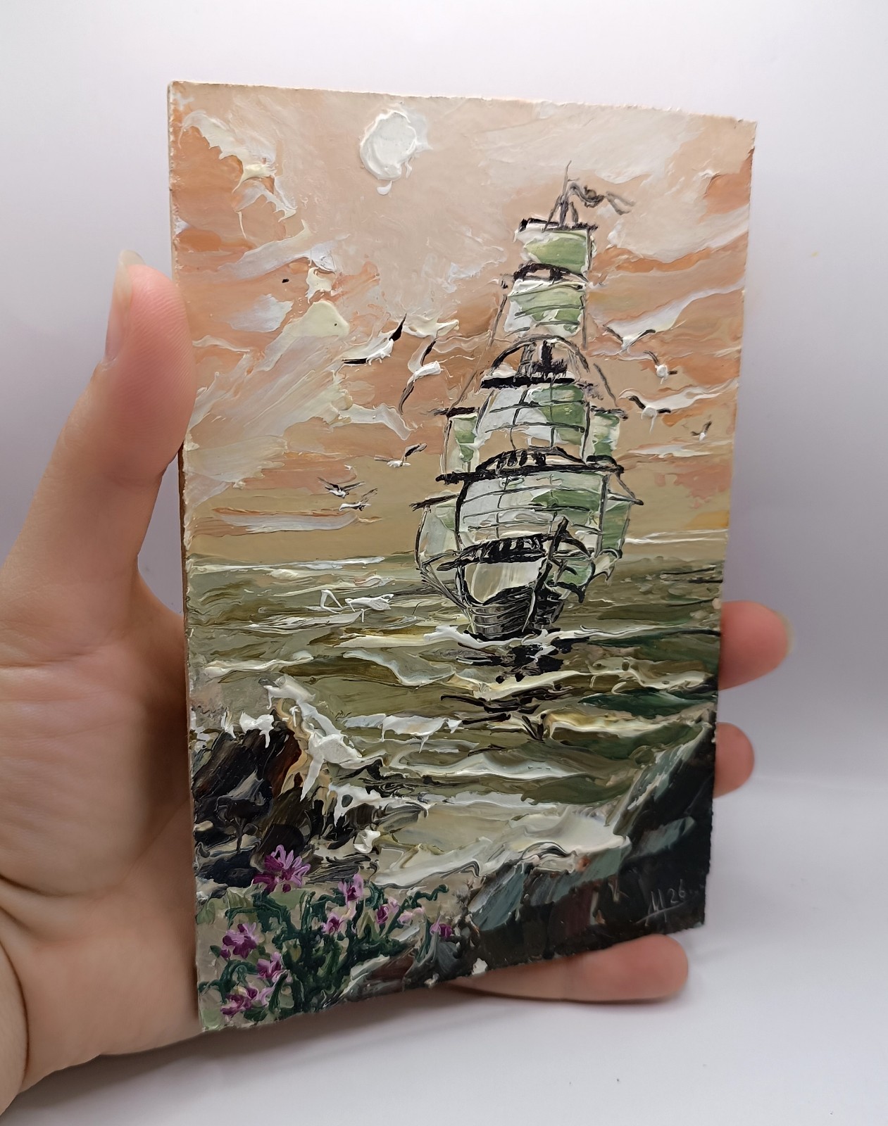 Original Oil Painting Sea Seascape Miniature Framed Impasto Ship Maritime Art