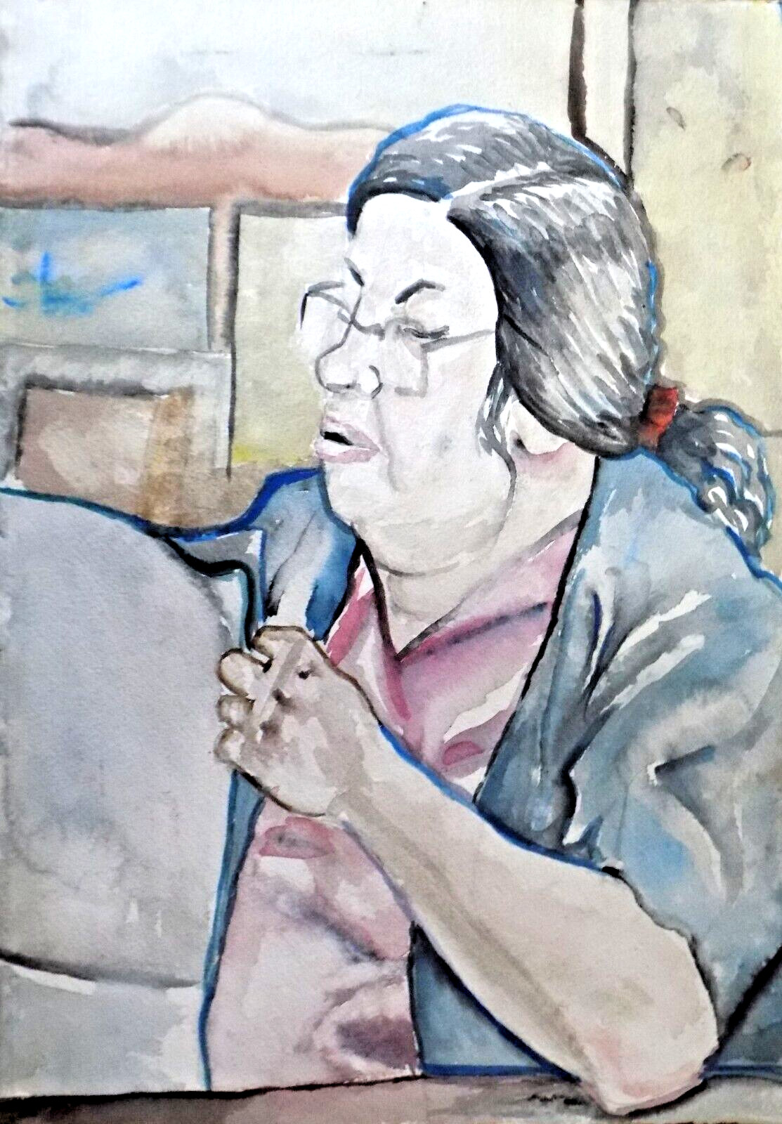Wall Art original painting woman reading news newspaper