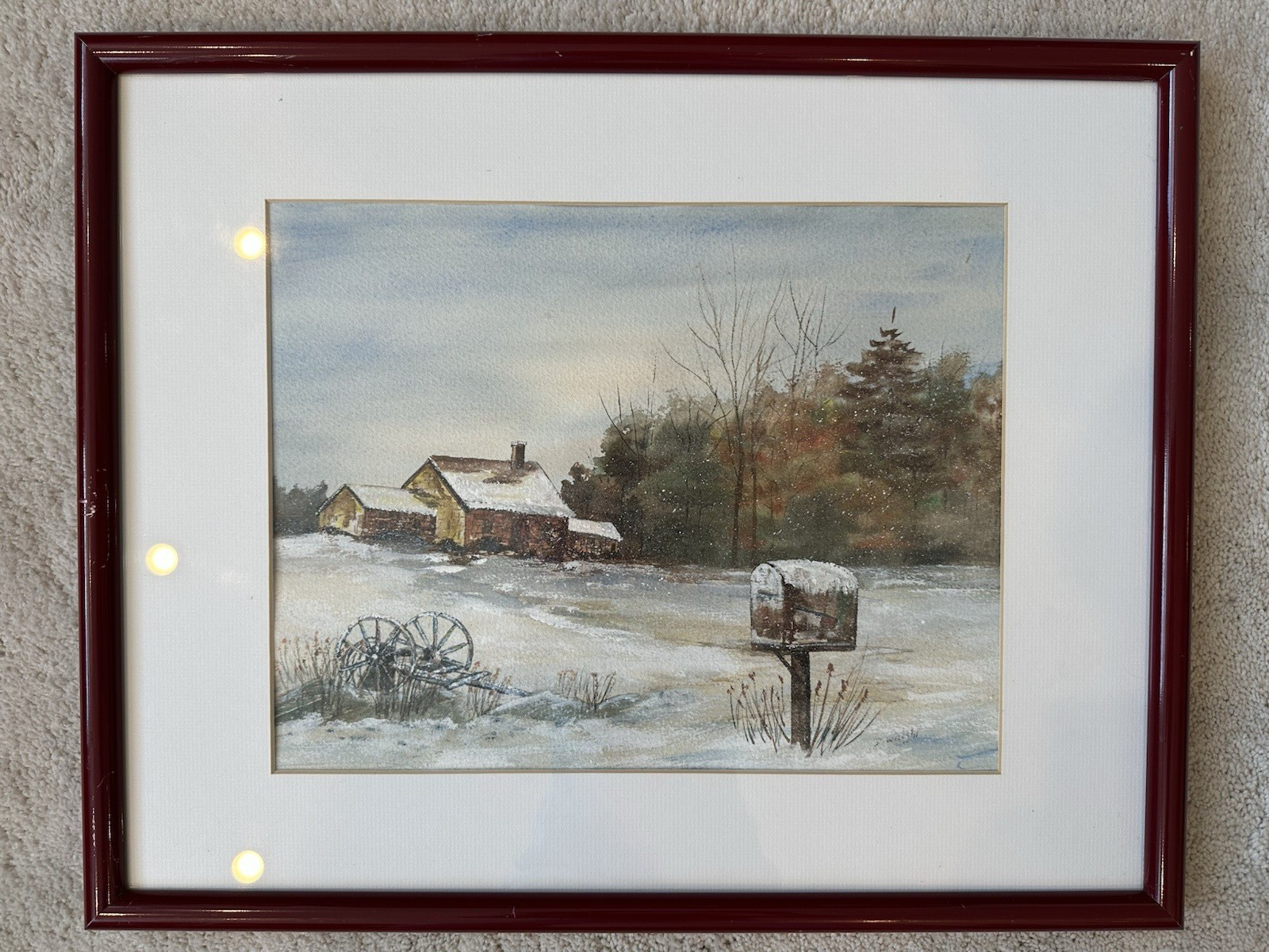Wright Signed Artist Watercolor Winter Scene Snow Trees Cabin Mailbox Framed