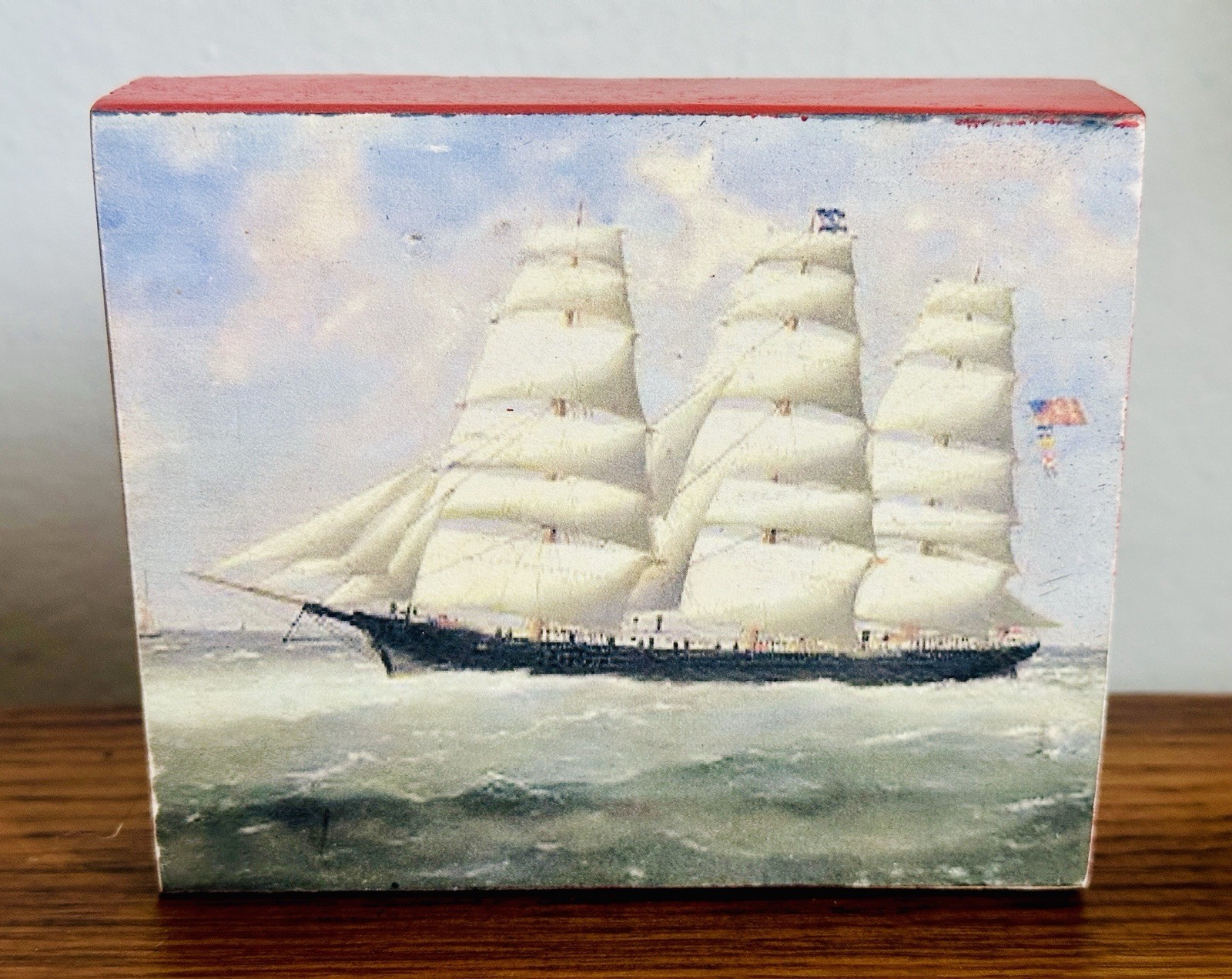 Marie Edouard Adam American Flag Ship Charles Dennis Wood Block Plaque 4.25×5.25