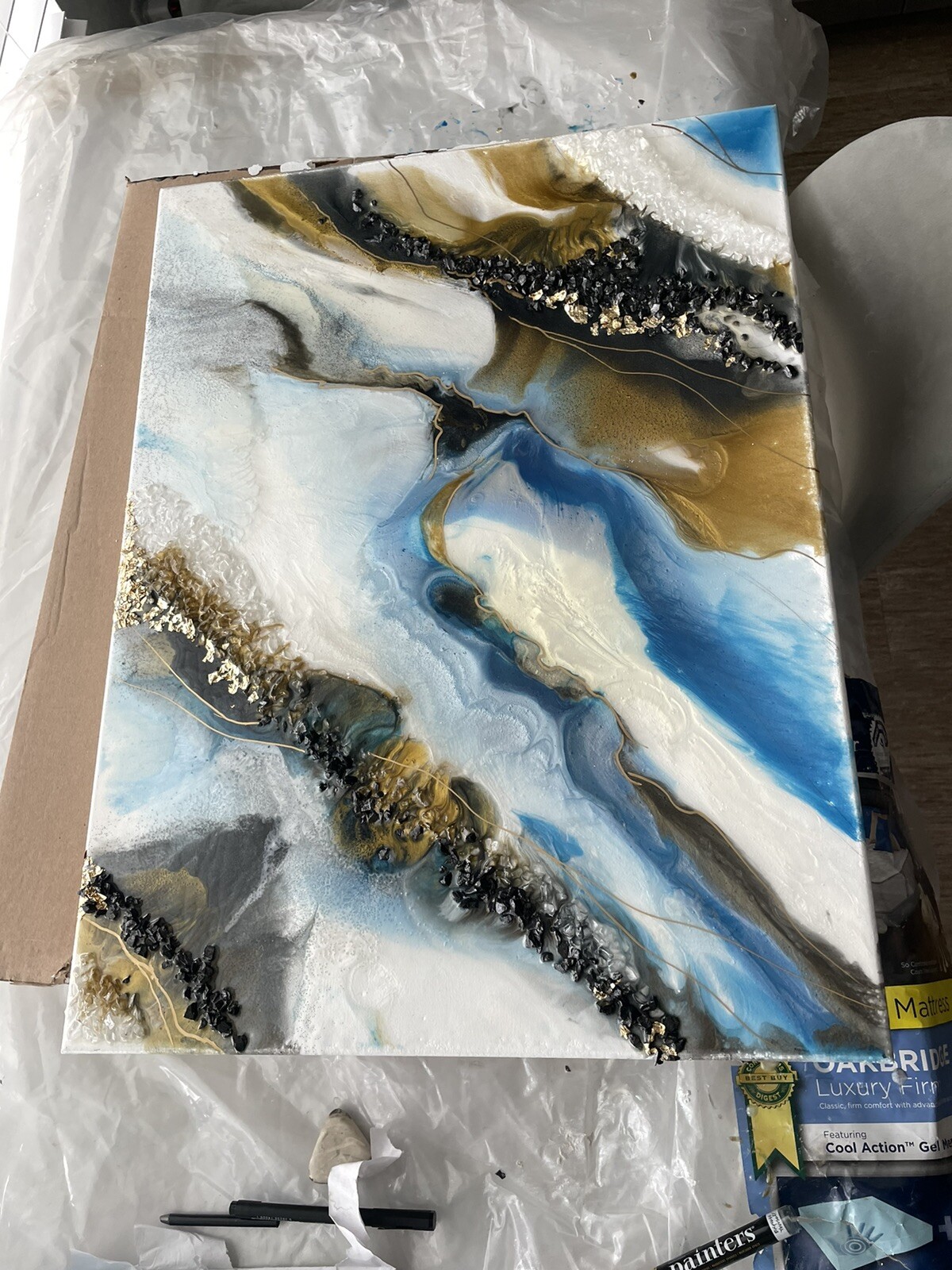 Epoxy Resin Wall Art Geode Gold Blue White Custom 18×24