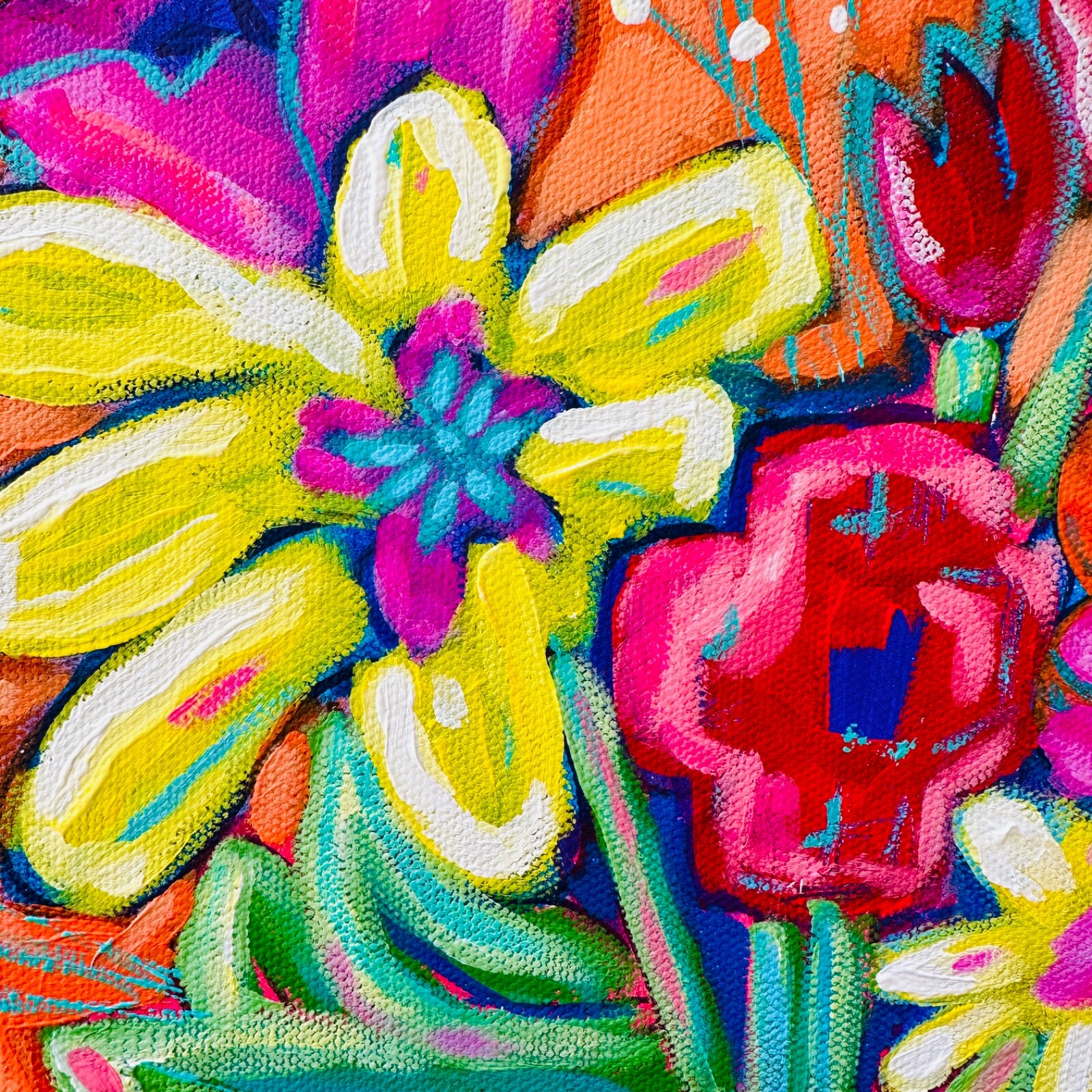 Original Painting Expressionist Flowers Stems Water Vase 12 x 12x 1.5″ JERI DUBE