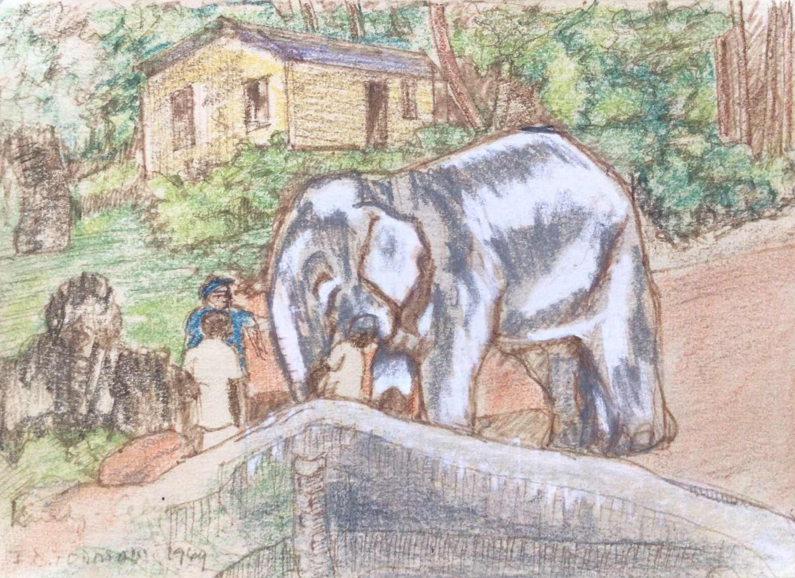 Elephant Ceylon Sri Lanka Pastel Painting Vintage 8 x 5.25 1969 F D Todman Art