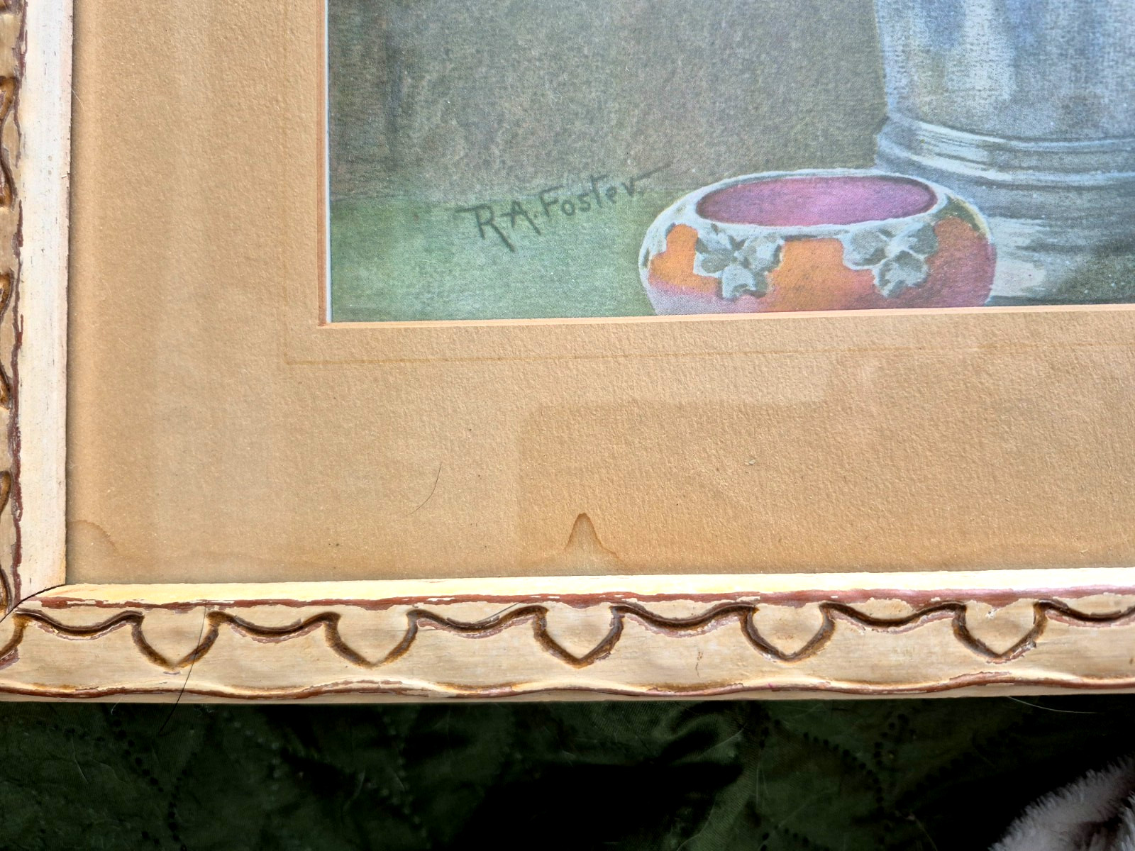 Vtg Artwork Framed Signed Still Life Watercolor Anemones In Pewter Jug Flower