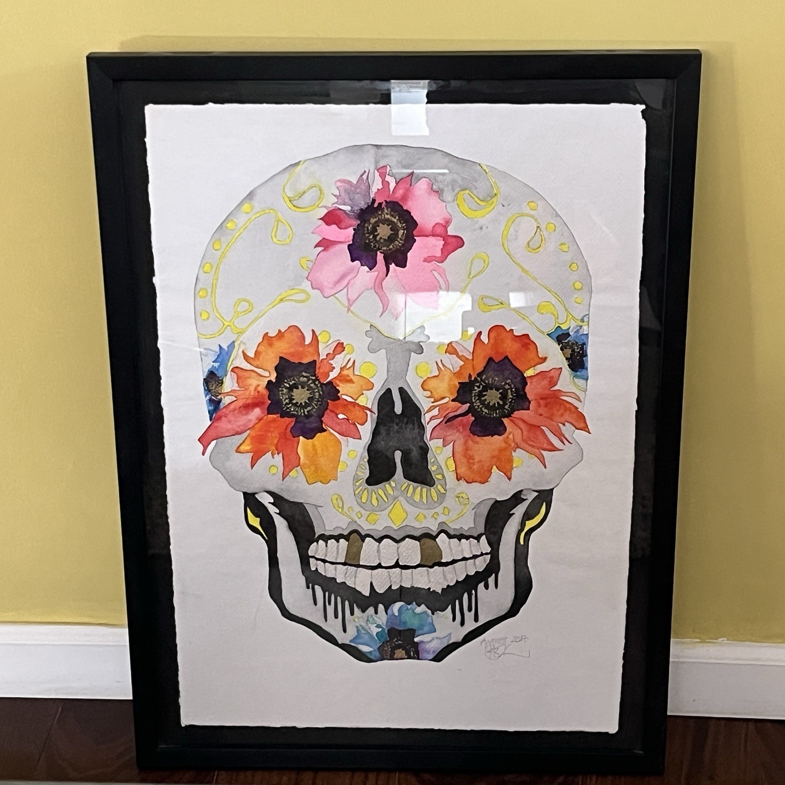 Framed Poppy Flower Skull Watercolor Painting 27.5″x20.25″ Signed