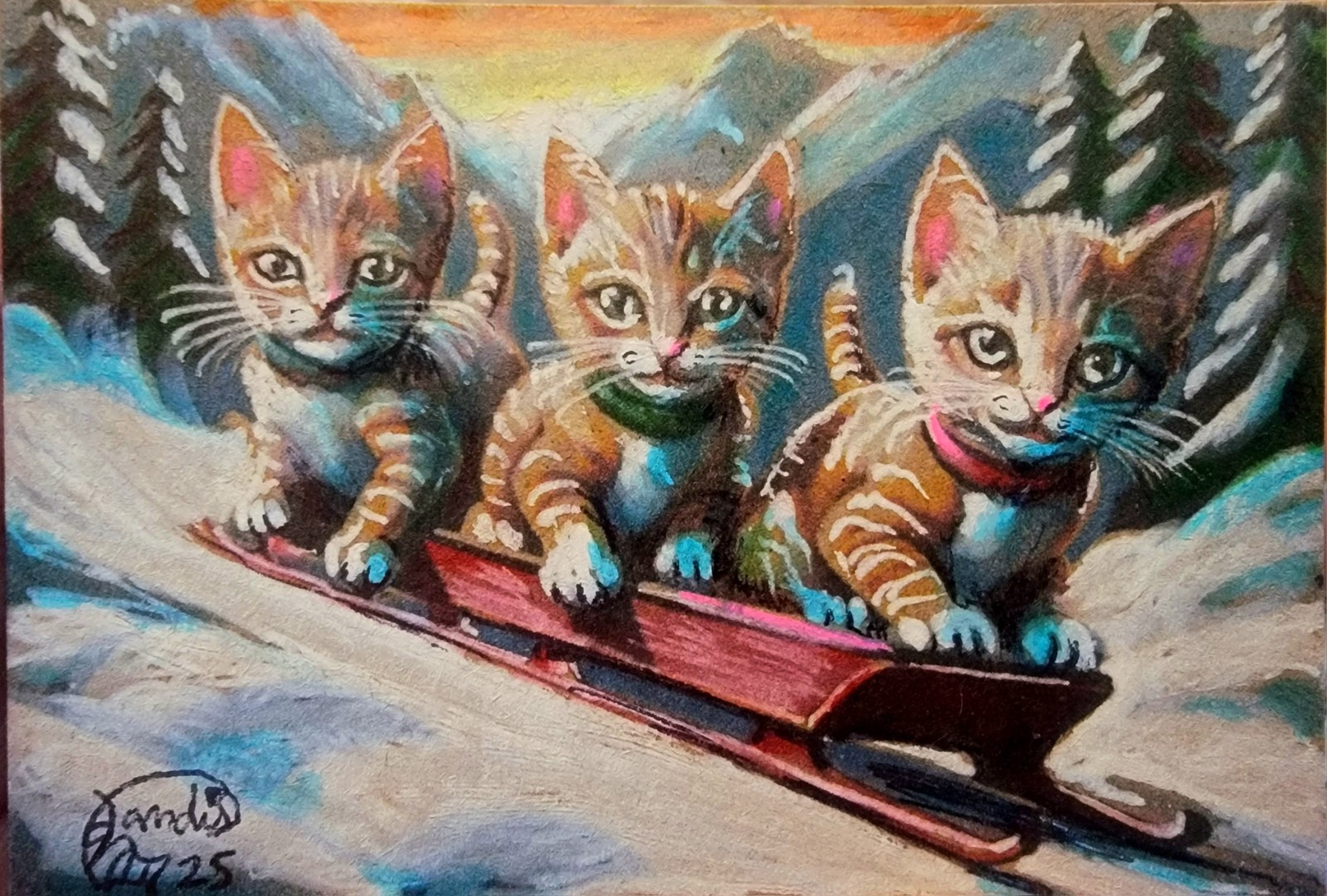 ACEO Jacob Landis Kitty Tabby Cat ORIGINAL Art Print # /25 «Supper For Three»