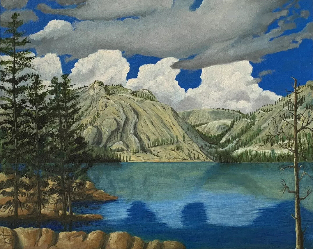 Painting Landscape Mountain Lake Clouds Original By A. Huff Oil Or Acrylic