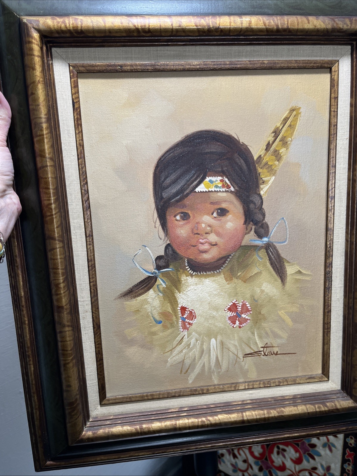 Stone ESKIMO CHILD ORIGINAL OIL ON CANVAS PAINTING CERTIFICATE SEAL ON BACK