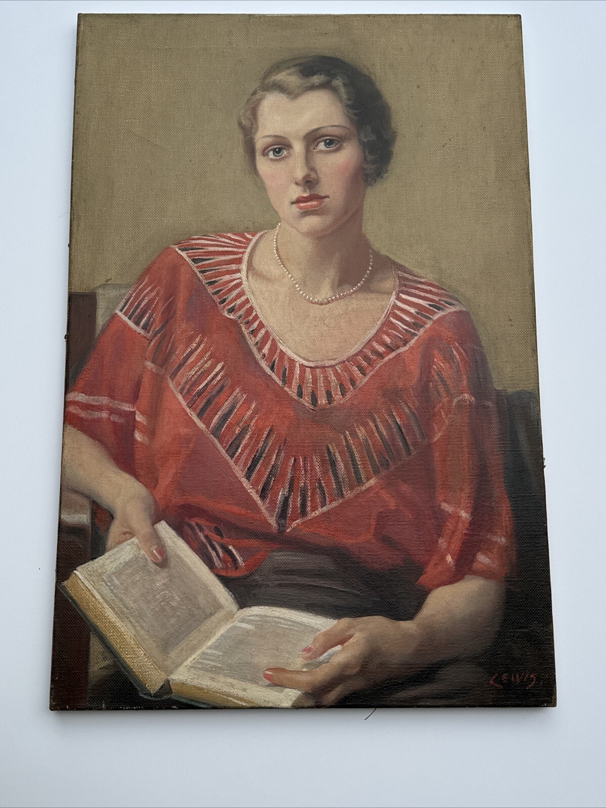 ANTIQUE PORTRAIT PAINTING PRETTY WOMAN FEMALE MODEL OIL ART DECO SIGNED LEWIS