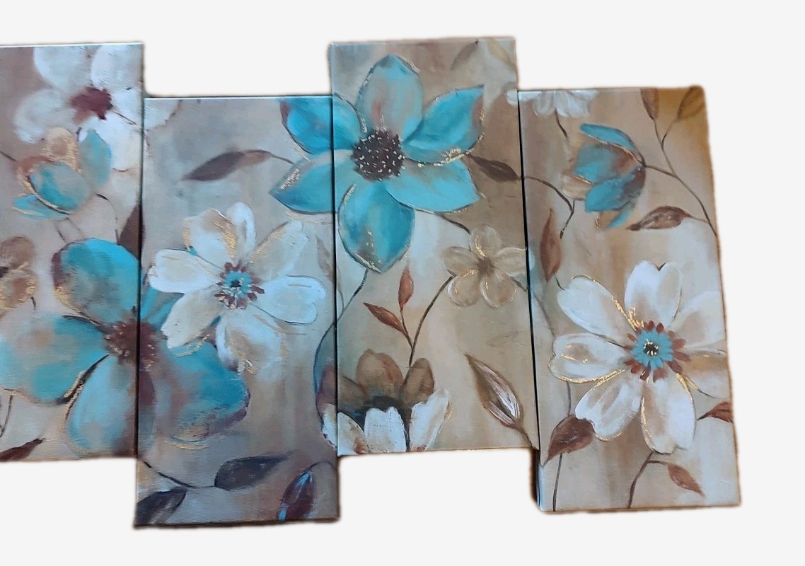 5 Panel Canvas Wall Art Teal/Beige Flowers With Gold Embossing