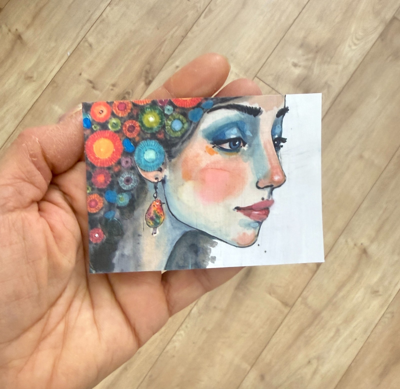 Original Profile Portrait ACEO Painting Woman Bird Earring Watercolor OOAK Minia