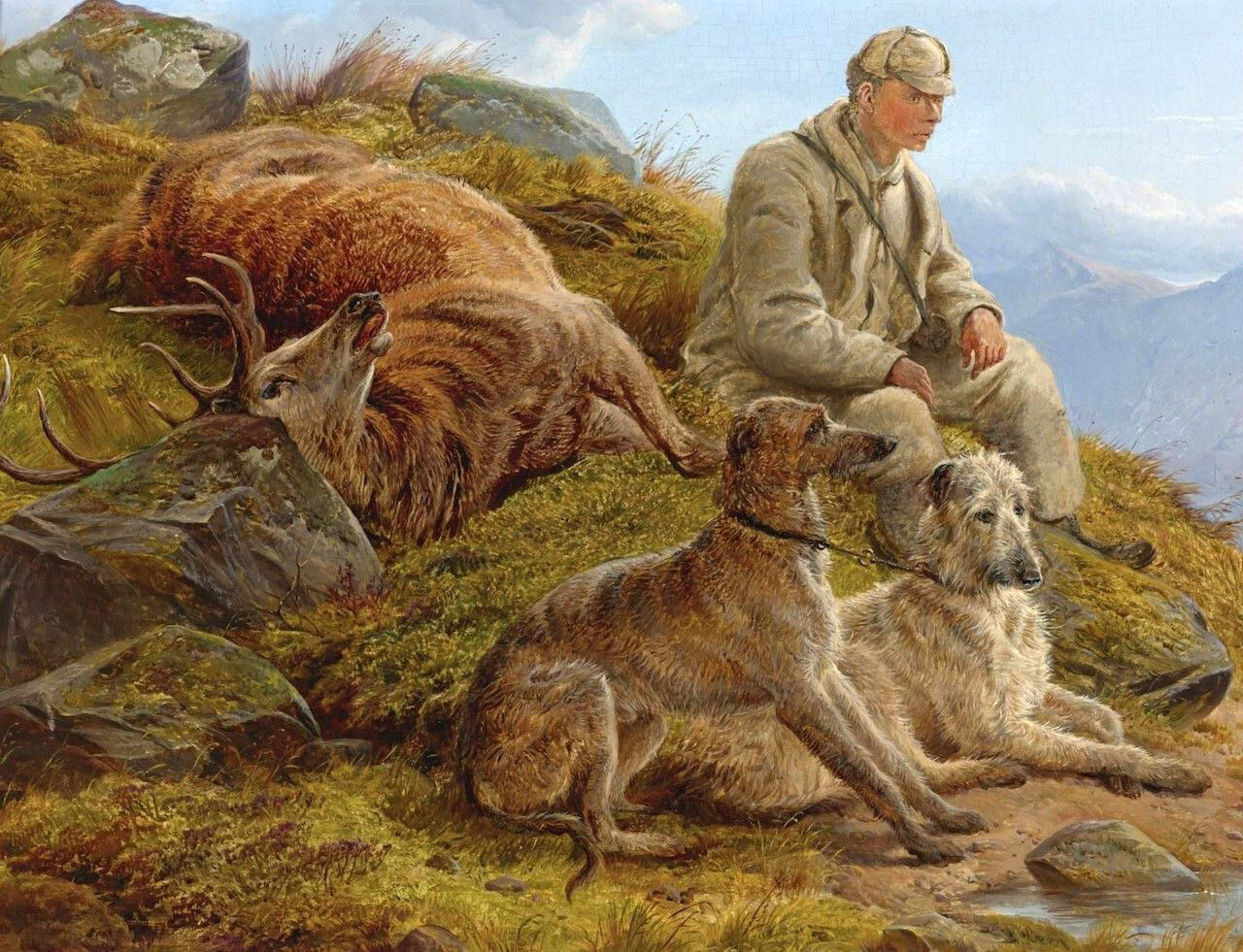 Oil Gillie-Deerhounds-at-the-End-of-Day-in-Scottish-Highlands-Richard-Ansdell