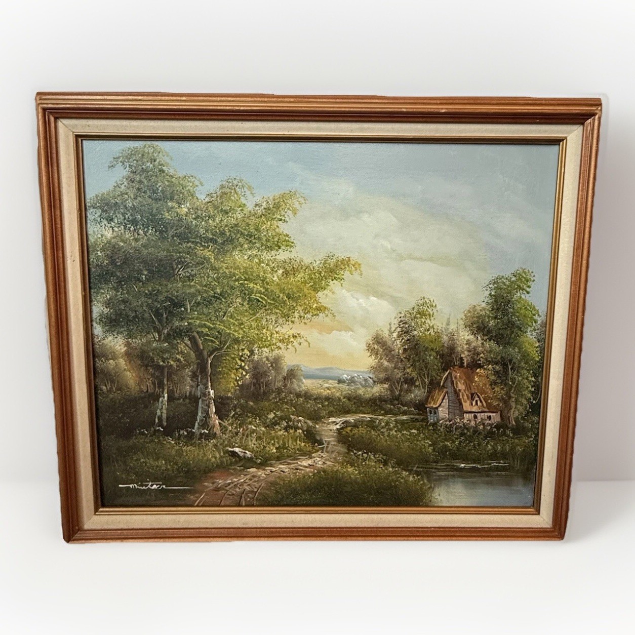 Large Hand Painted Antique Oil Painting Of Rural Country Cottage And Tree