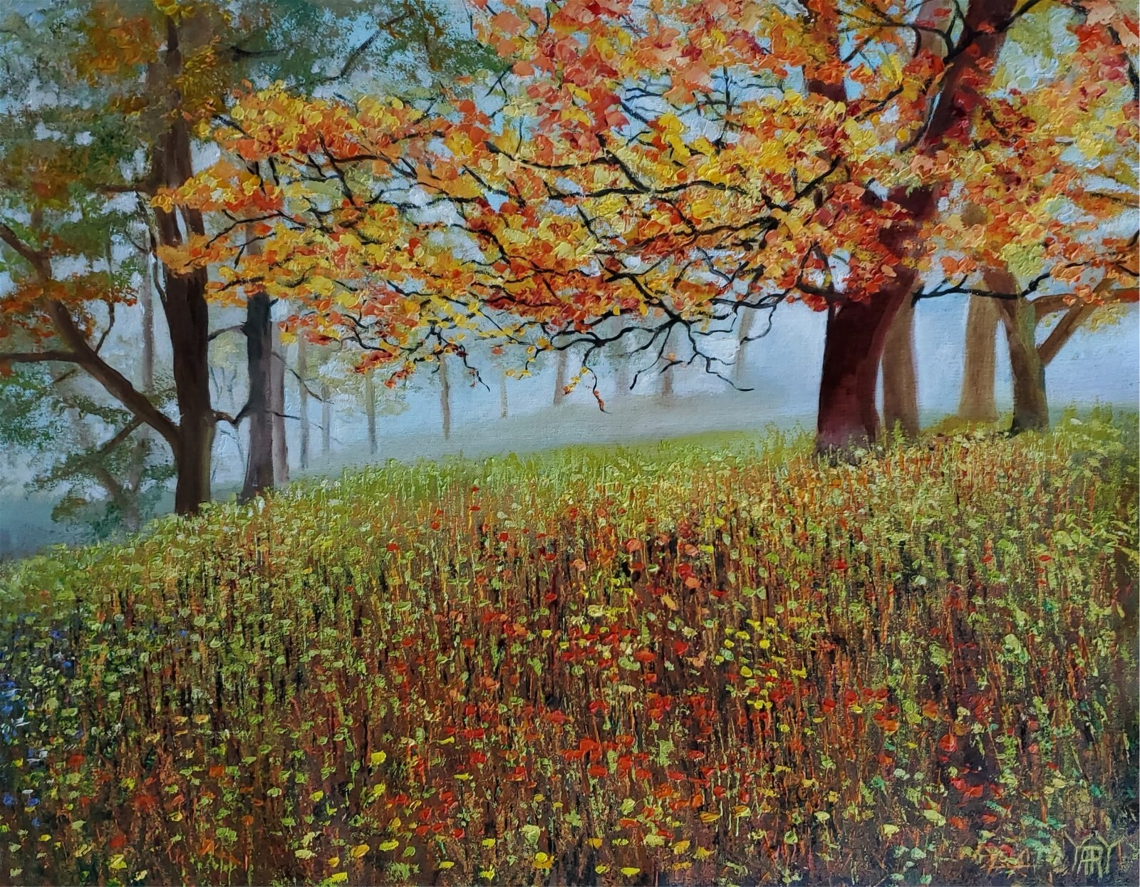 YARY DLUHOS Autumn Landscape Nature Tree Morning Mist Original Art Oil Painting
